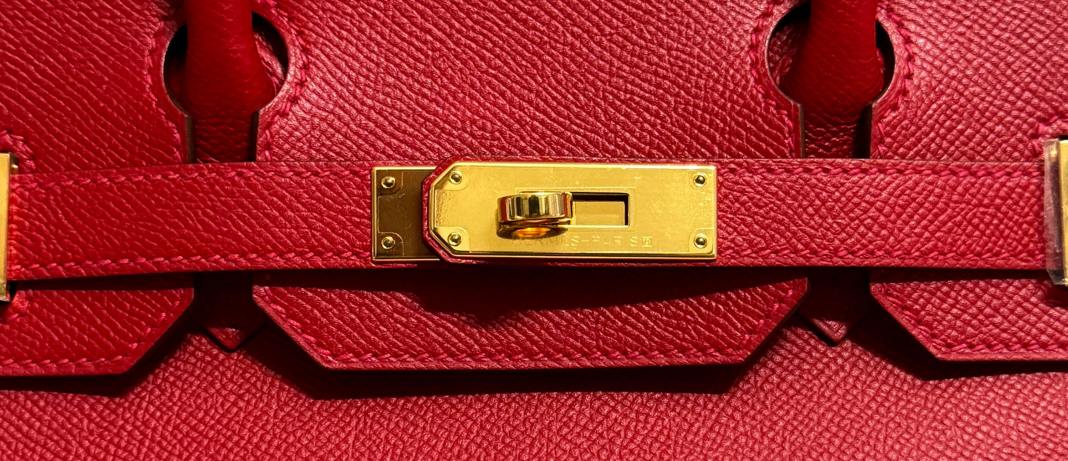 Rare and One of the most coveted colors. Hermes Birkin 30 Rouge Casaque Epsom Leather Gold Hardware . Excellent Condition with Plastic on Hardware. 

Please keep in mind that this is a pre owned item, the bag has been carried before, unless