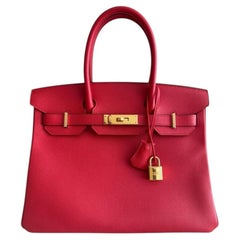 Hermes Birkin 30 Rouge Tomate Red Epsom Leather Gold Hardware Top Handle Bag
