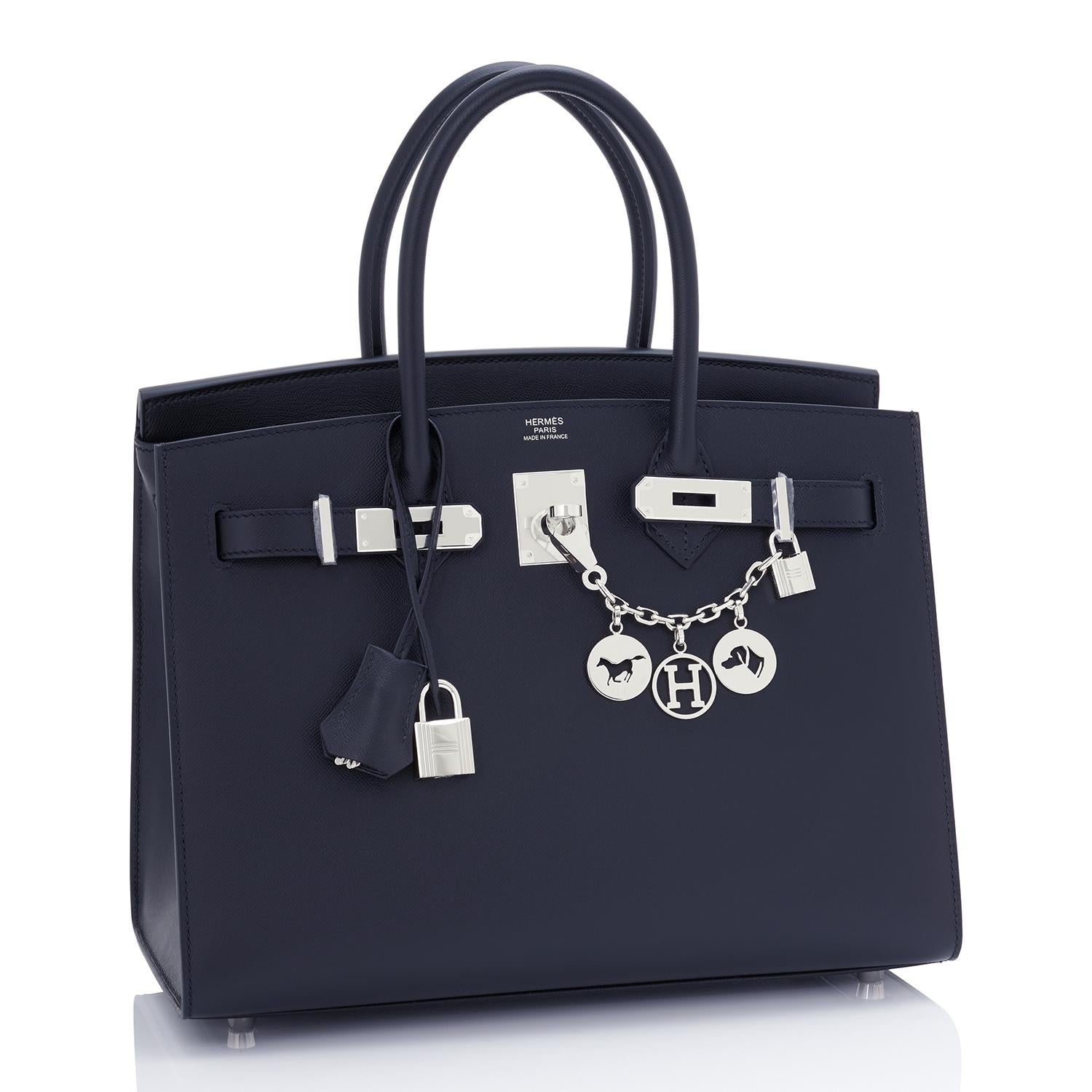 Chicjoy is pleased to present this Hermes Birkin 30 Sellier Indigo Deep Navy Palladium Bag 
Brand New in Box. Store Fresh. Pristine Condition (with plastic on hardware) 
Perfect gift! Comes in full set with clochette, lock, keys, raincoat, dust bag,