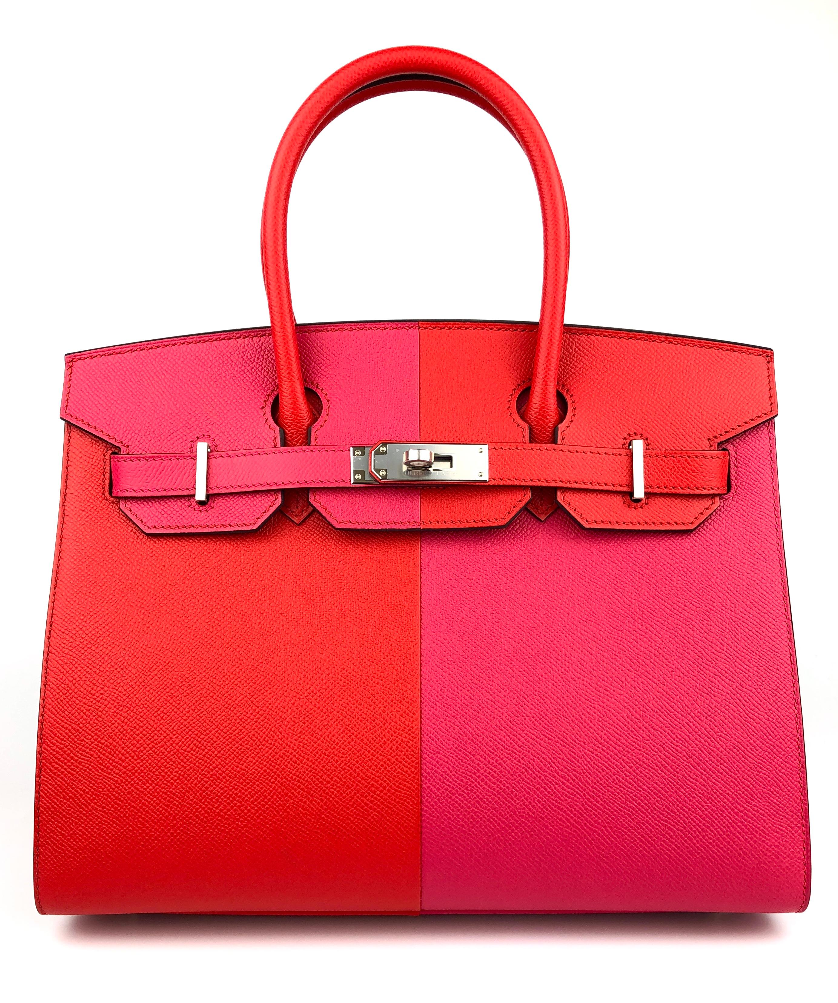 New Absolutely Stunning Rare Limited Edition Hermes Birkin 30 Sellier Casaque Tricolor Rouge de Coeur, Rose Extreme & Blue Zanzibar Interior. Complimented by Epsom Leather and Palladium Hardware. Z Stamp 2021. Includes limited edition Box and Dust