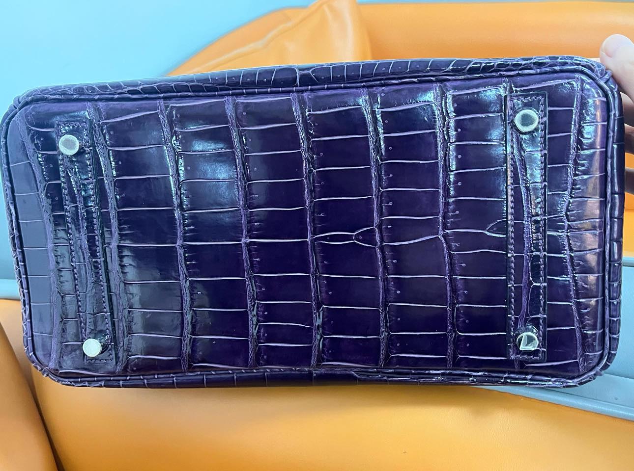 Hermes Birkin 30 Shiny Porosus Purple Amethyst Crocodile Bag with Diamonds For Sale 5