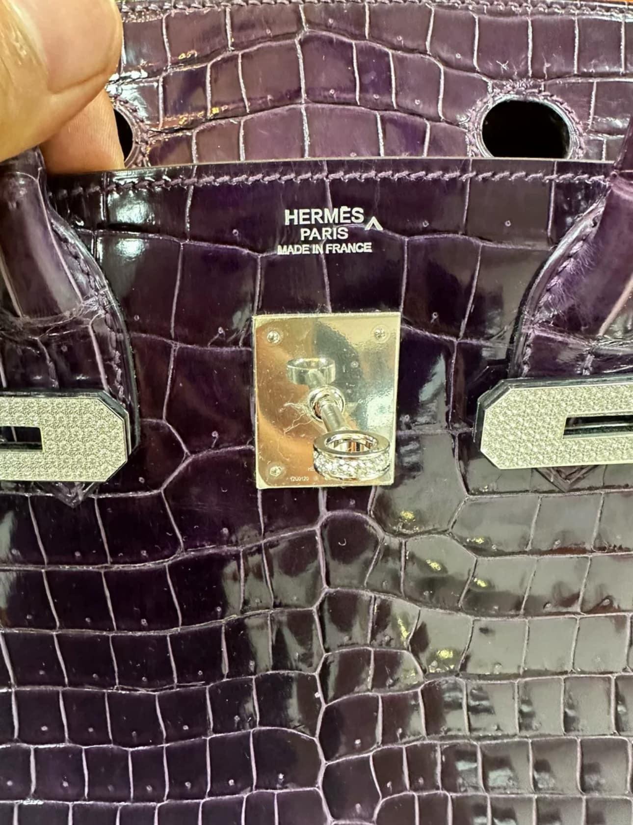 Hermes Birkin 30 Shiny Porosus Purple Amethyst Crocodile Bag with Diamonds For Sale 10