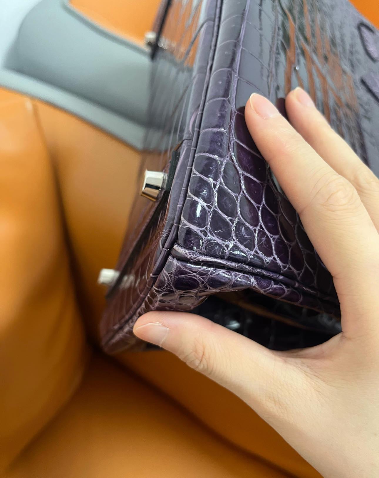 Black Hermes Birkin 30 Shiny Porosus Purple Amethyst Crocodile Bag with Diamonds For Sale