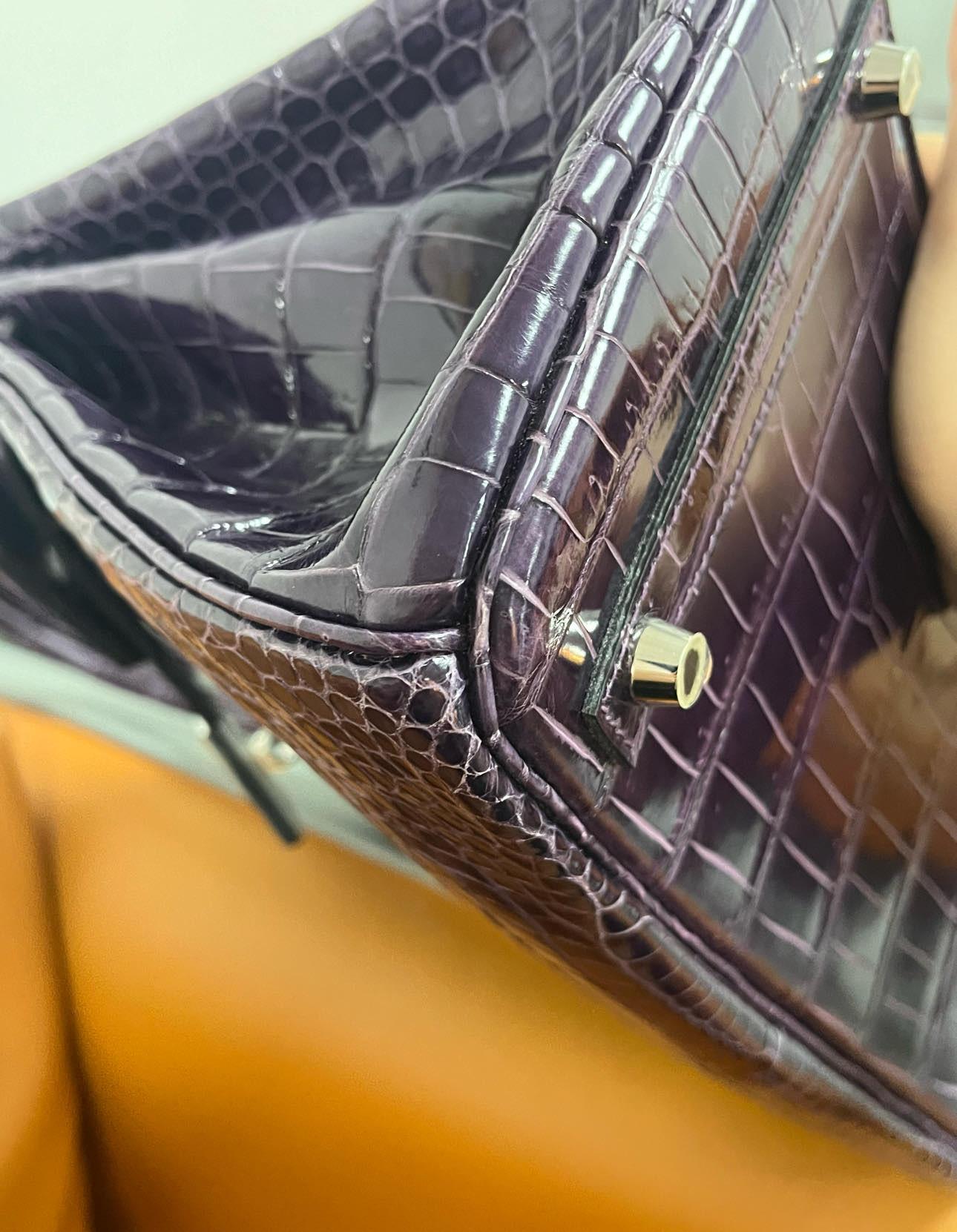 Hermes Birkin 30 Shiny Porosus Purple Amethyst Crocodile Bag with Diamonds In Excellent Condition For Sale In New York, NY