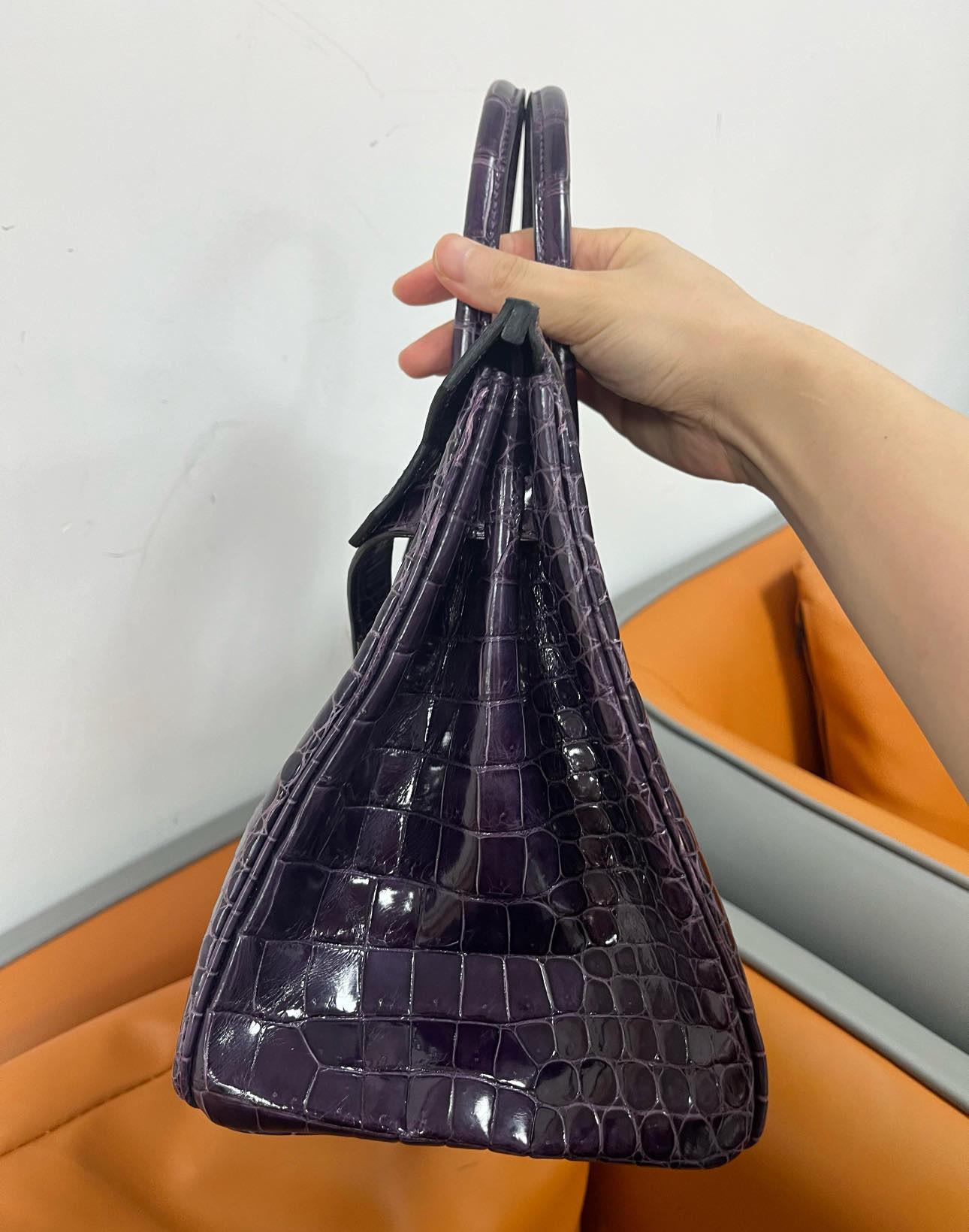 Women's or Men's Hermes Birkin 30 Shiny Porosus Purple Amethyst Crocodile Bag with Diamonds For Sale