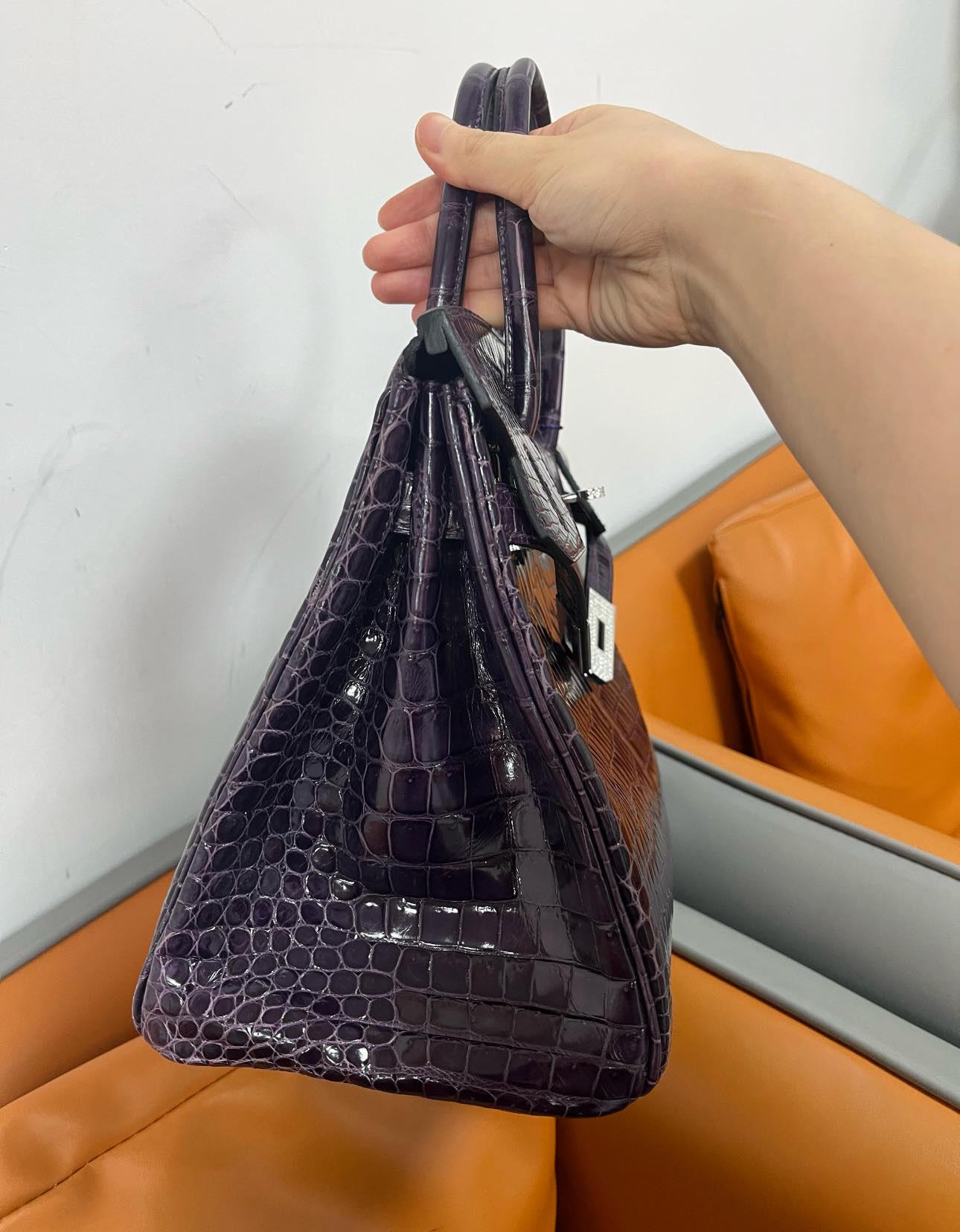 Hermes Birkin 30 Shiny Porosus Purple Amethyst Crocodile Bag with Diamonds For Sale 2