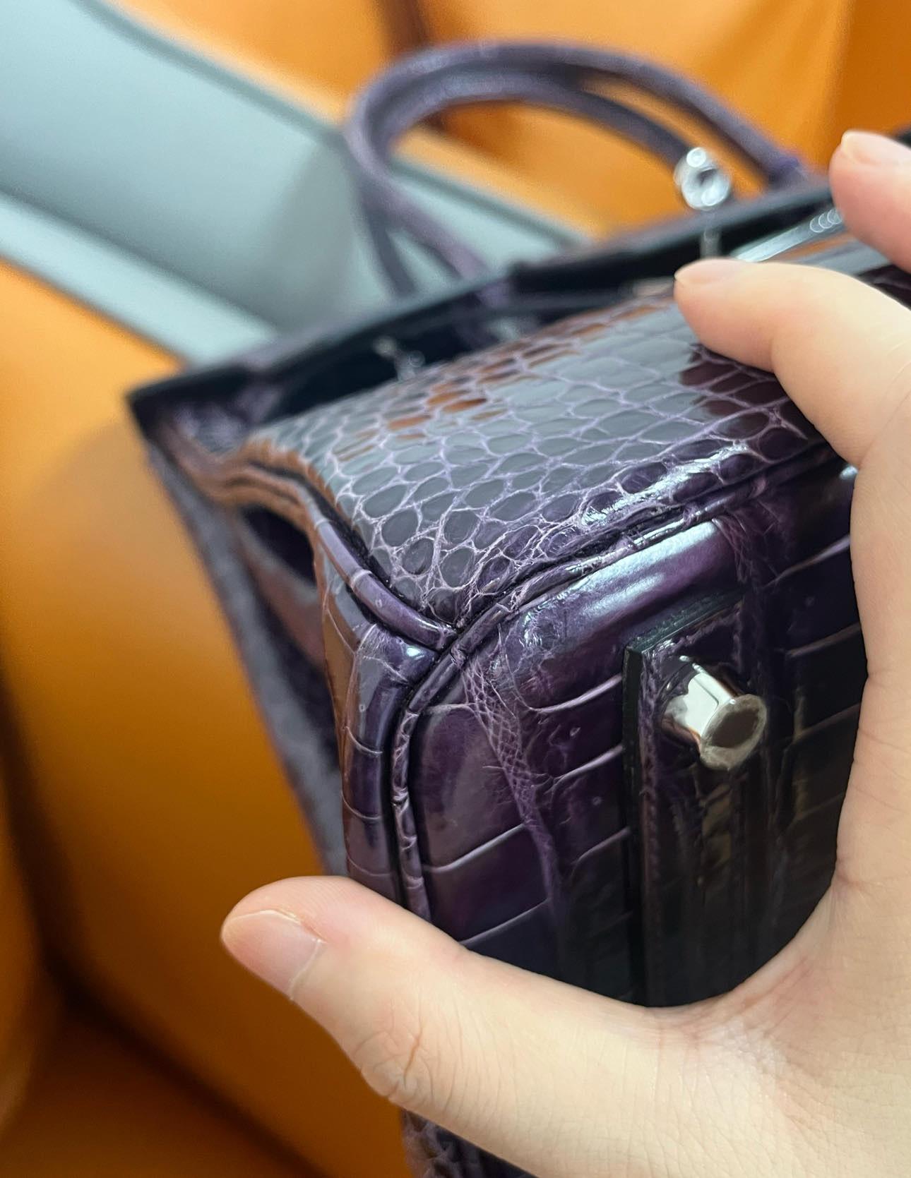 Hermes Birkin 30 Shiny Porosus Purple Amethyst Crocodile Bag with Diamonds For Sale 4