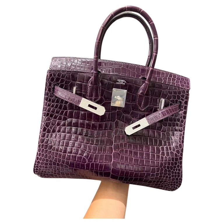Hermes Birkin 30 Shiny Porosus Purple Amethyst Crocodile Bag with