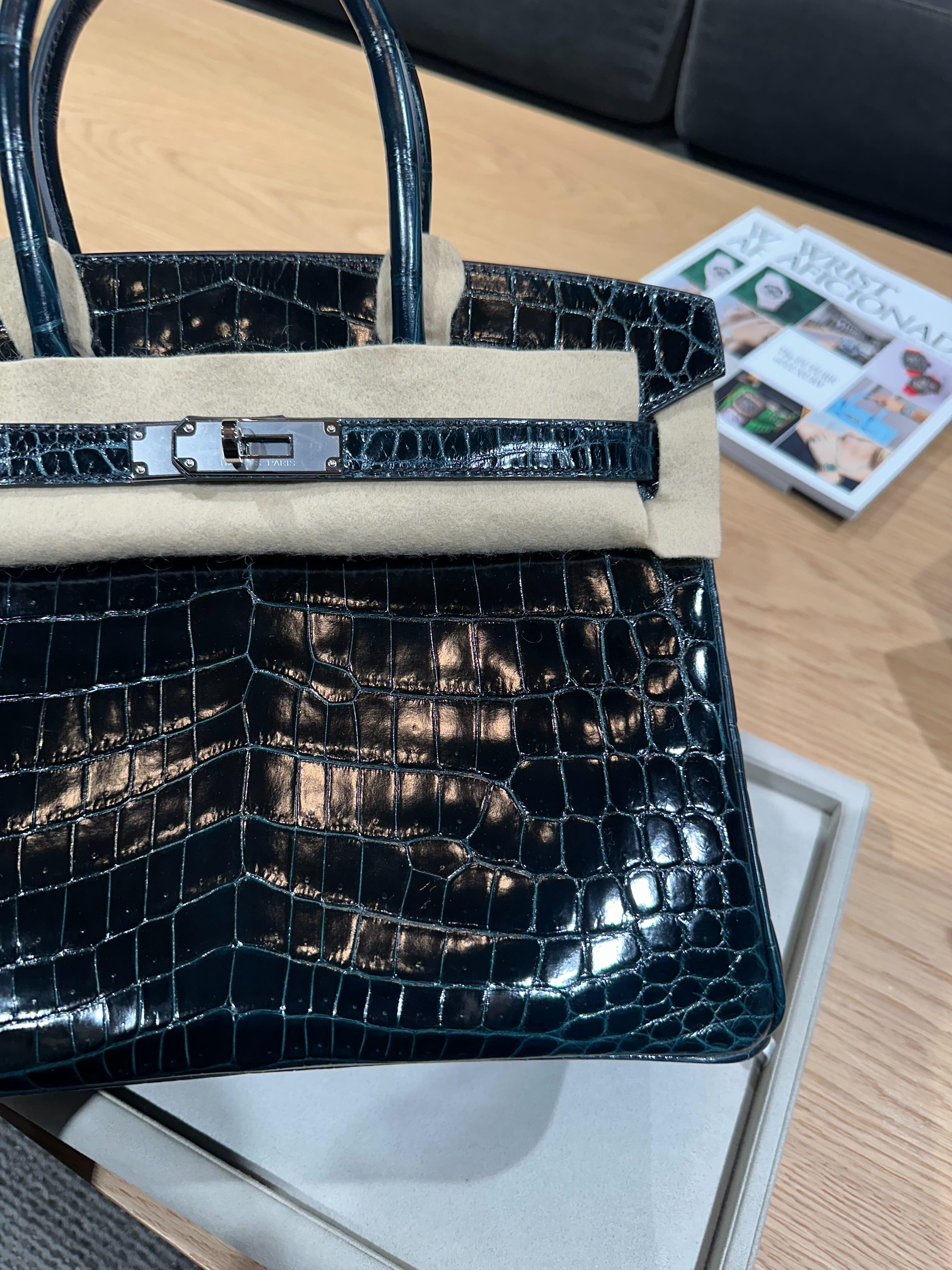 Hermès Vert Rousseau Birkin 30 Smooth Niloticus Crocodile Palladium Hardware 9