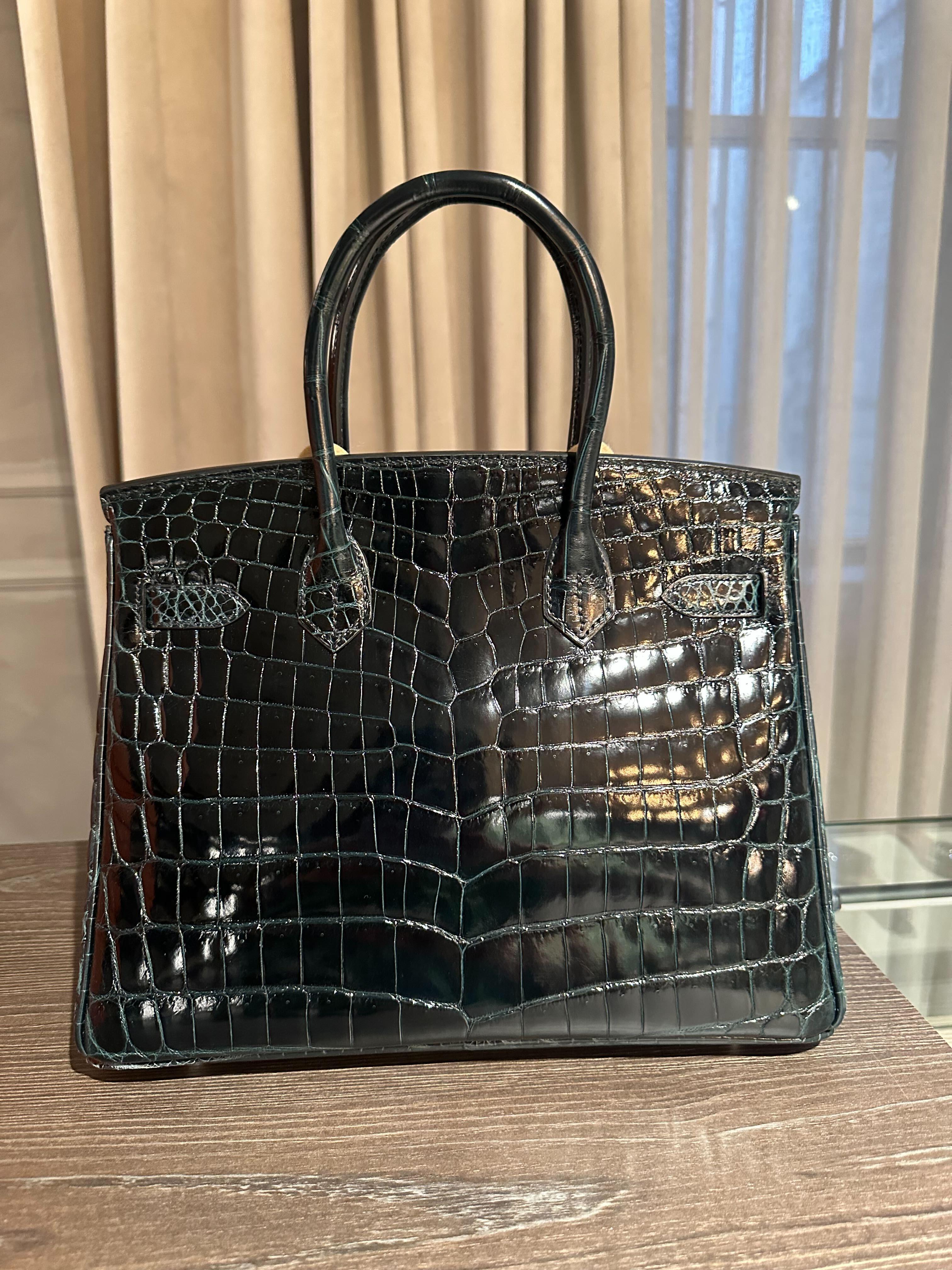 Black Hermès Vert Rousseau Birkin 30 Smooth Niloticus Crocodile Palladium Hardware