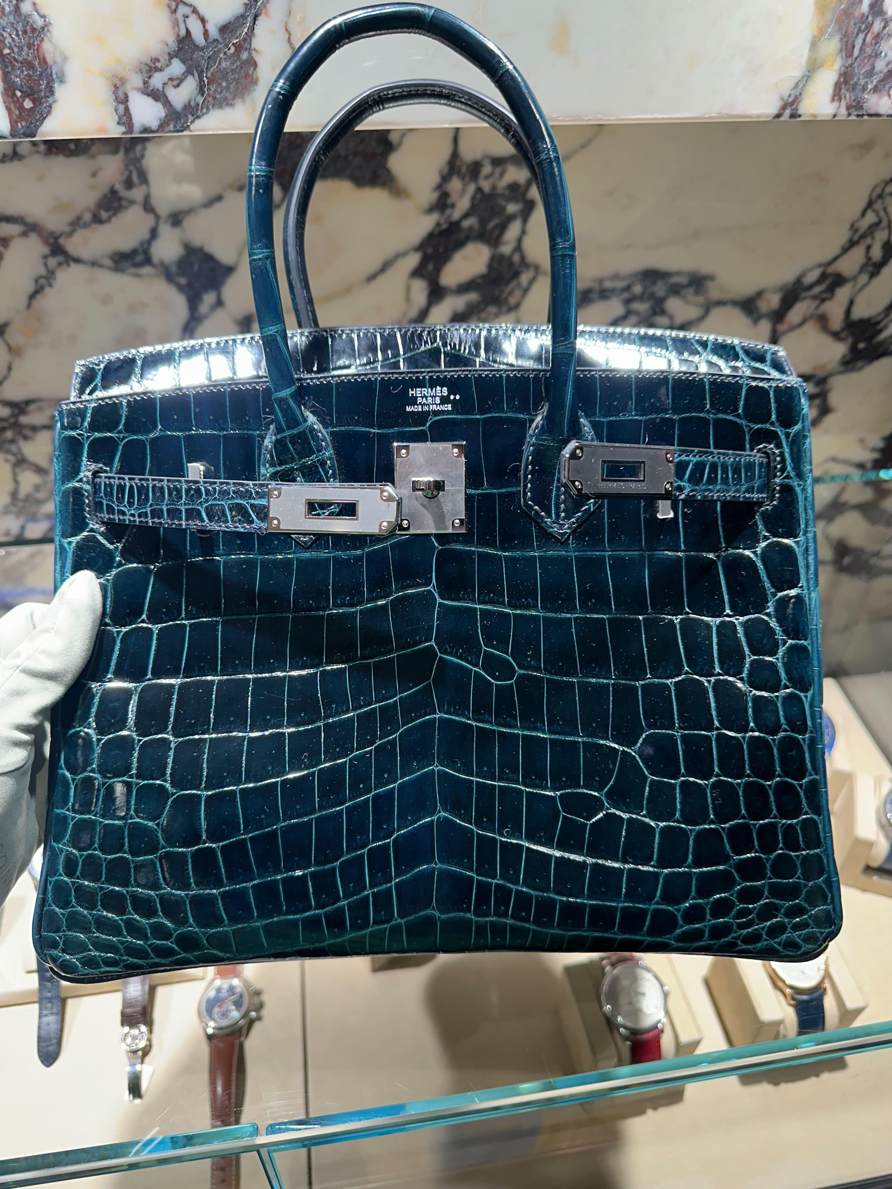 Women's or Men's Hermès Vert Rousseau Birkin 30 Smooth Niloticus Crocodile Palladium Hardware