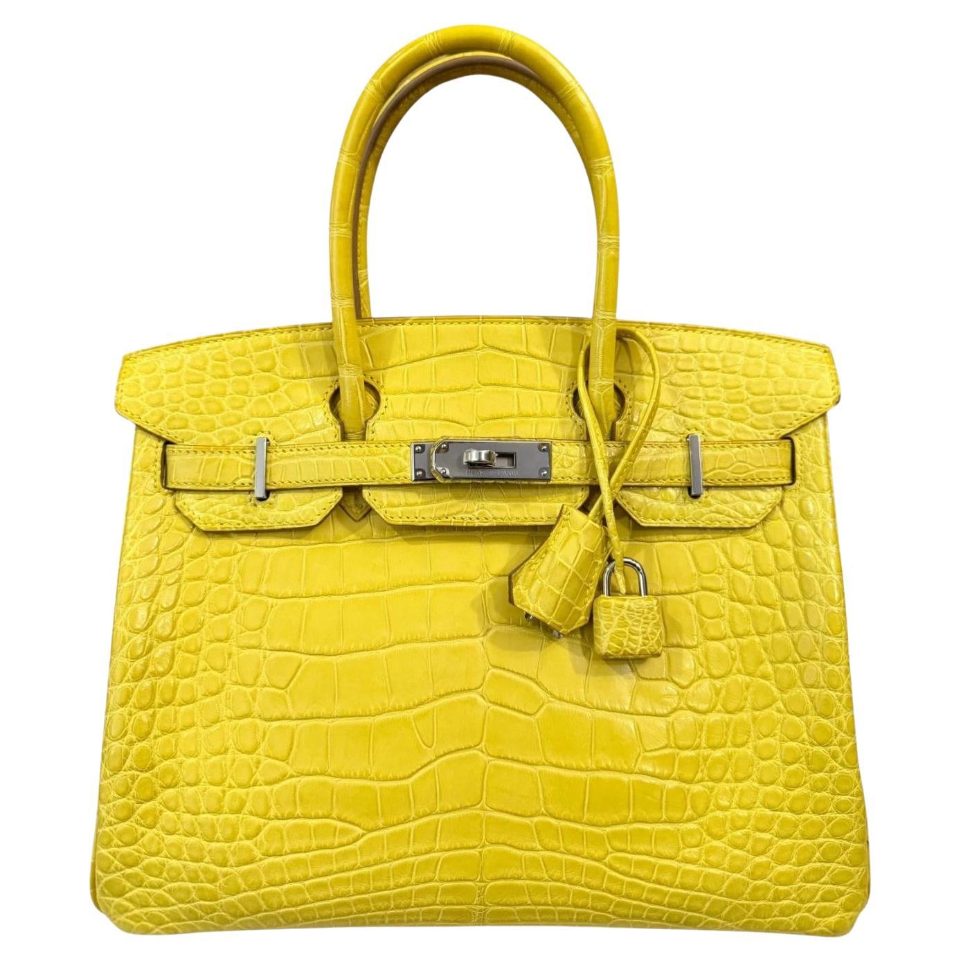 Hermes Birkin 30 Soufre Yellow Jaune Matte Alligator Leather Top Handle Bag