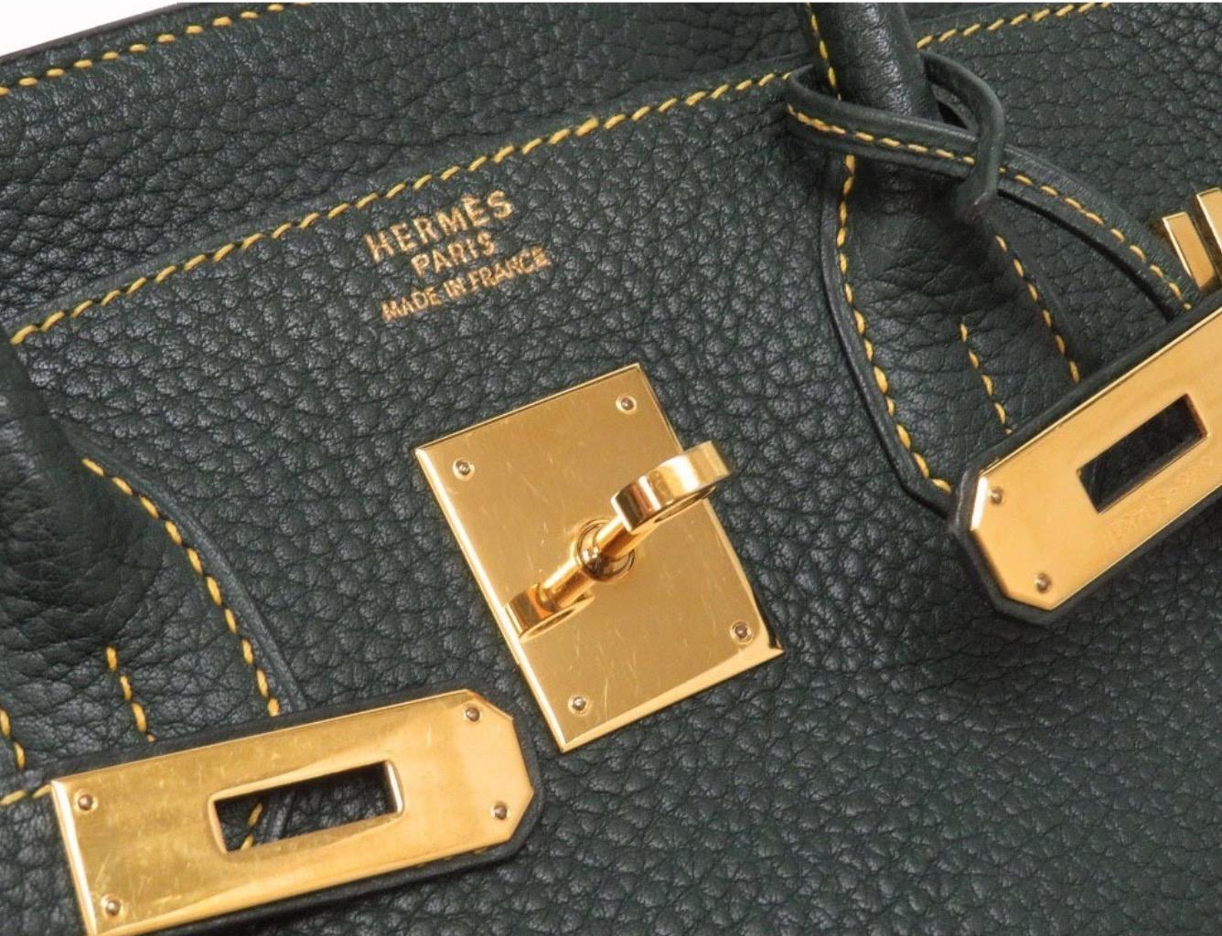 Black Hermes Birkin 30 Special Green Yellow Gold Top Handle Satchel Carryall Tote Bag