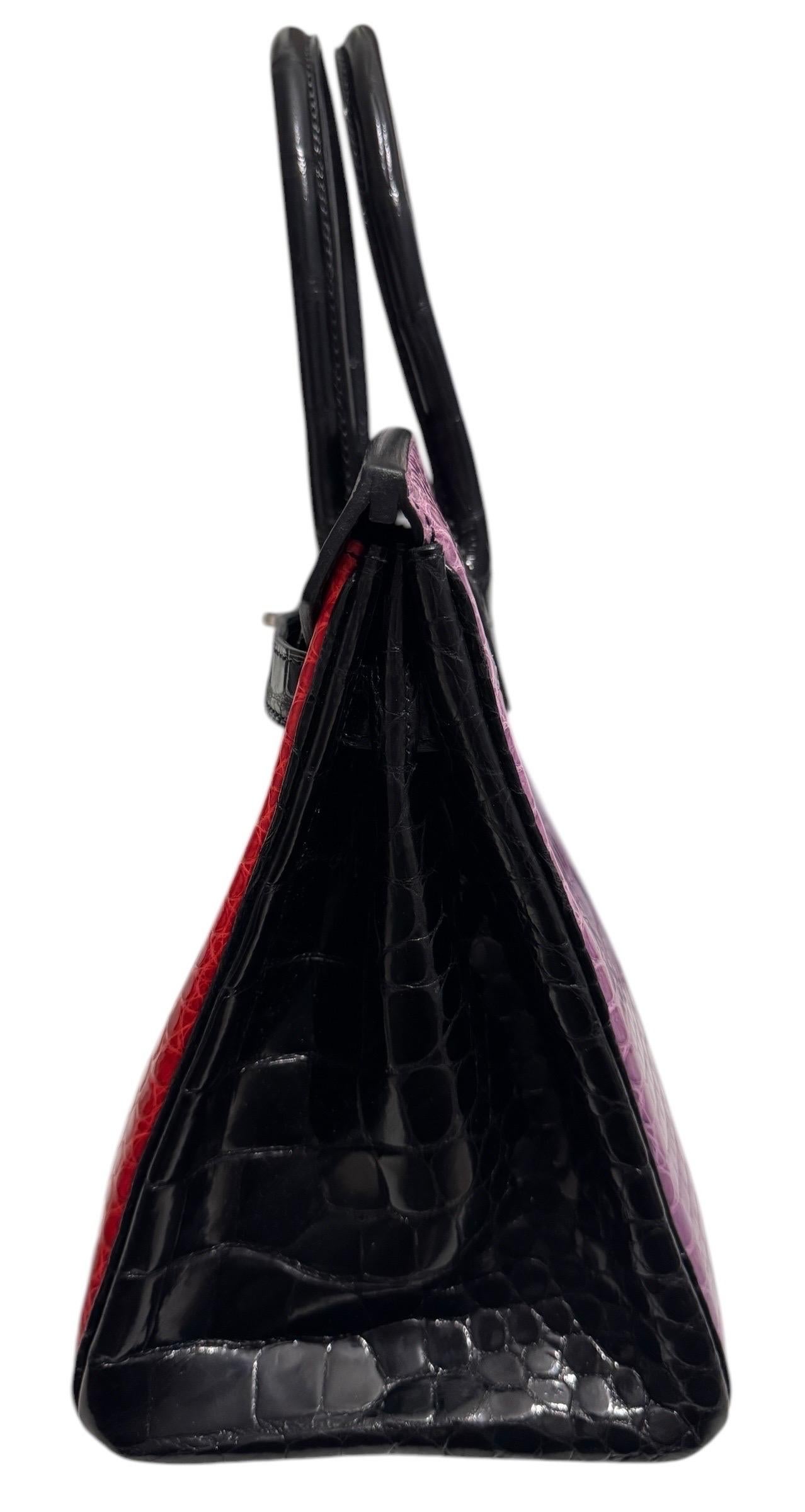 Rare  Special Order Pristine Hermes Birkin 30 Shinny Porous Crocodile Black, Braise Red & Violet, complimented by Palladium Hardware . 
Pristine Condition Plastic on all Hardware. 
Lux Addicts is a company based in Miami, Florida,