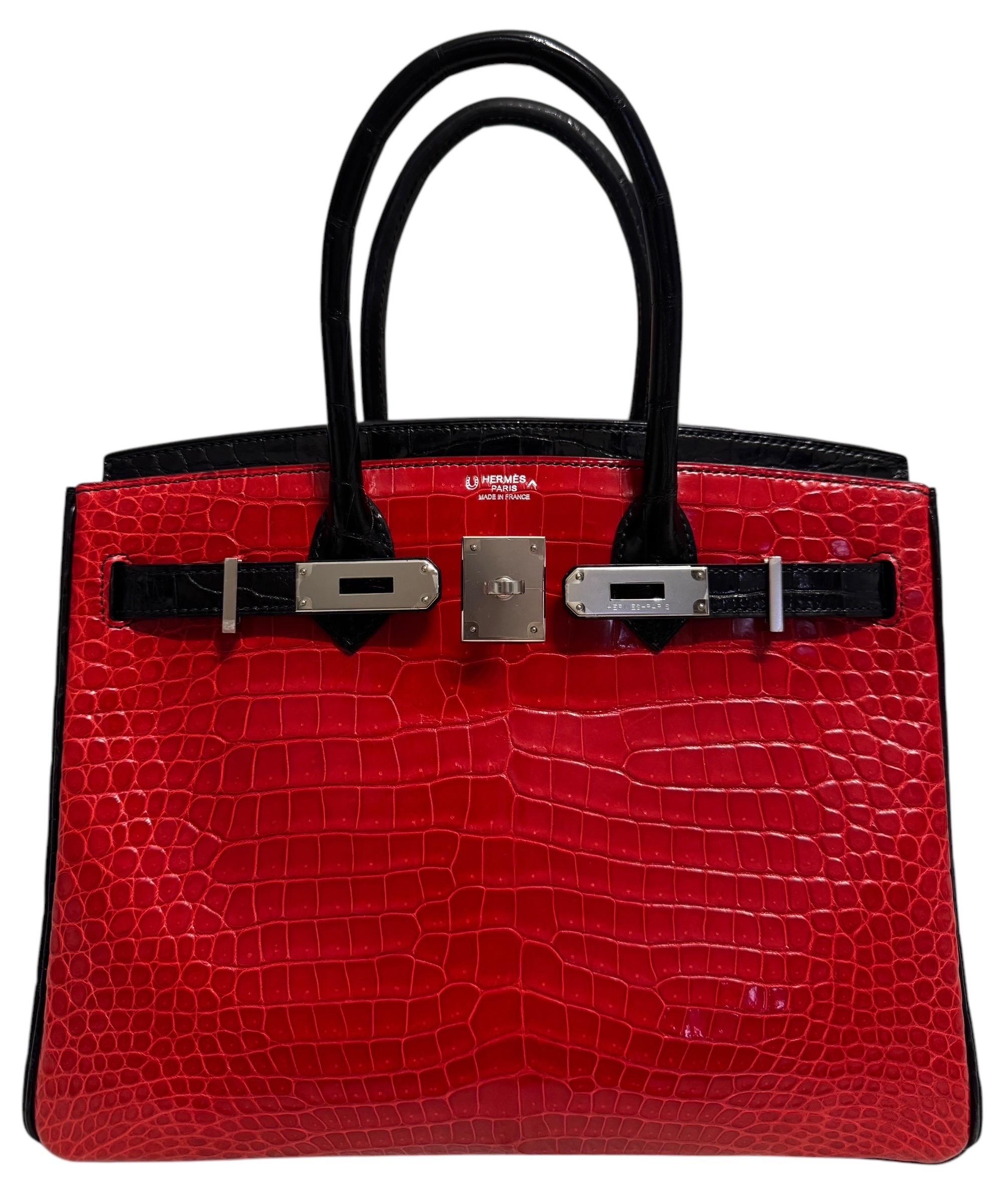 Hermes Birkin 30 Special Order Black, Braise Red & Violet Porosus Crocodile In Excellent Condition In Miami, FL