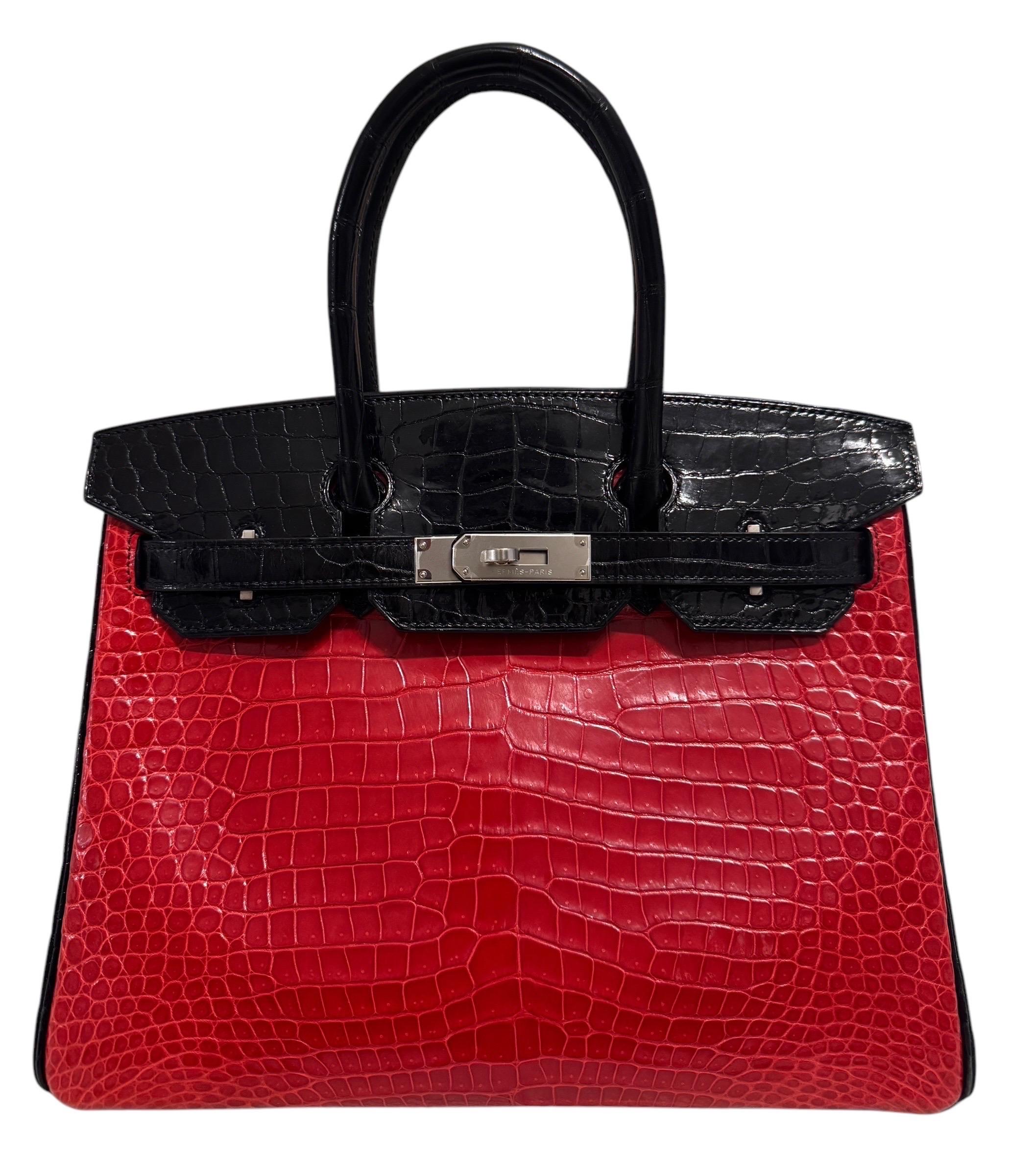 Women's or Men's Hermes Birkin 30 Special Order Black, Braise Red & Violet Porosus Crocodile