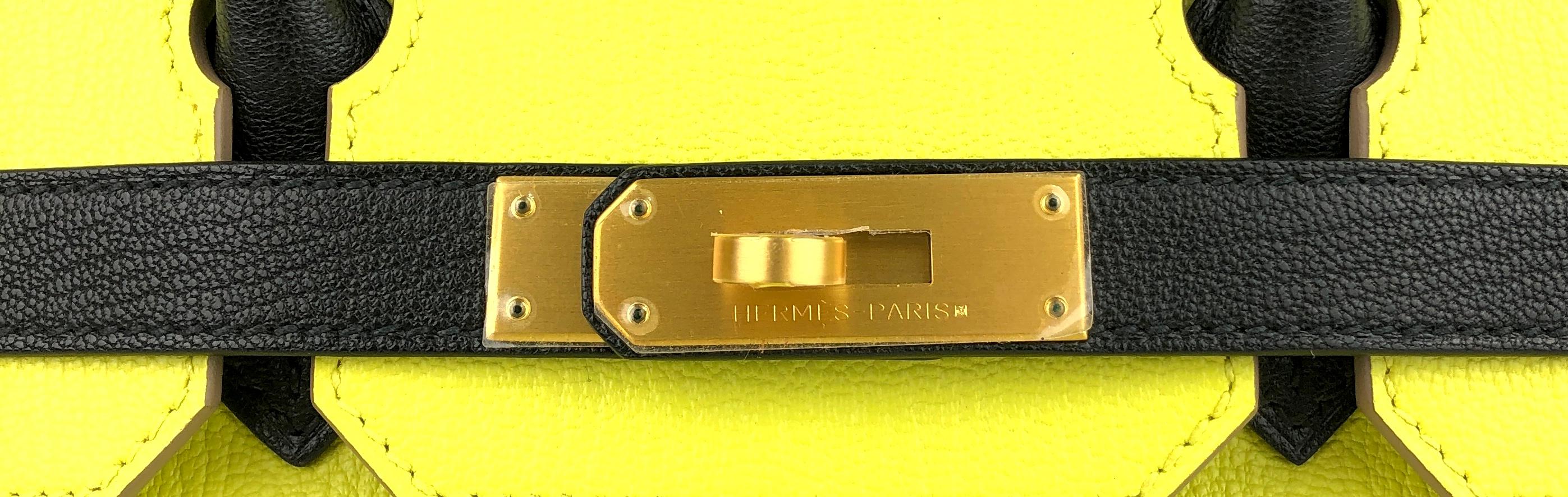 Hermes Birkin 30 Special Order Black Lime Yellow Chèvre Brushed Gold Hardware In New Condition For Sale In Miami, FL