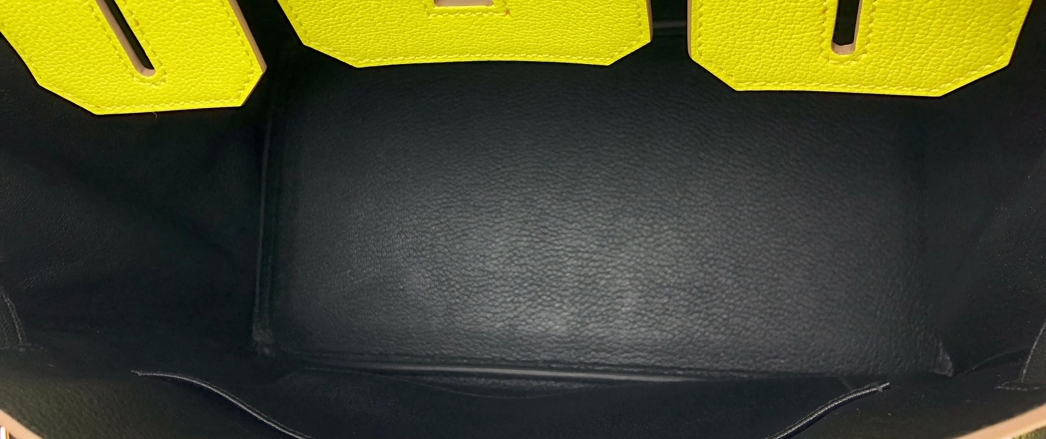 Hermes Birkin 30 Special Order Black Lime Yellow Chèvre Brushed Gold Hardware For Sale 2
