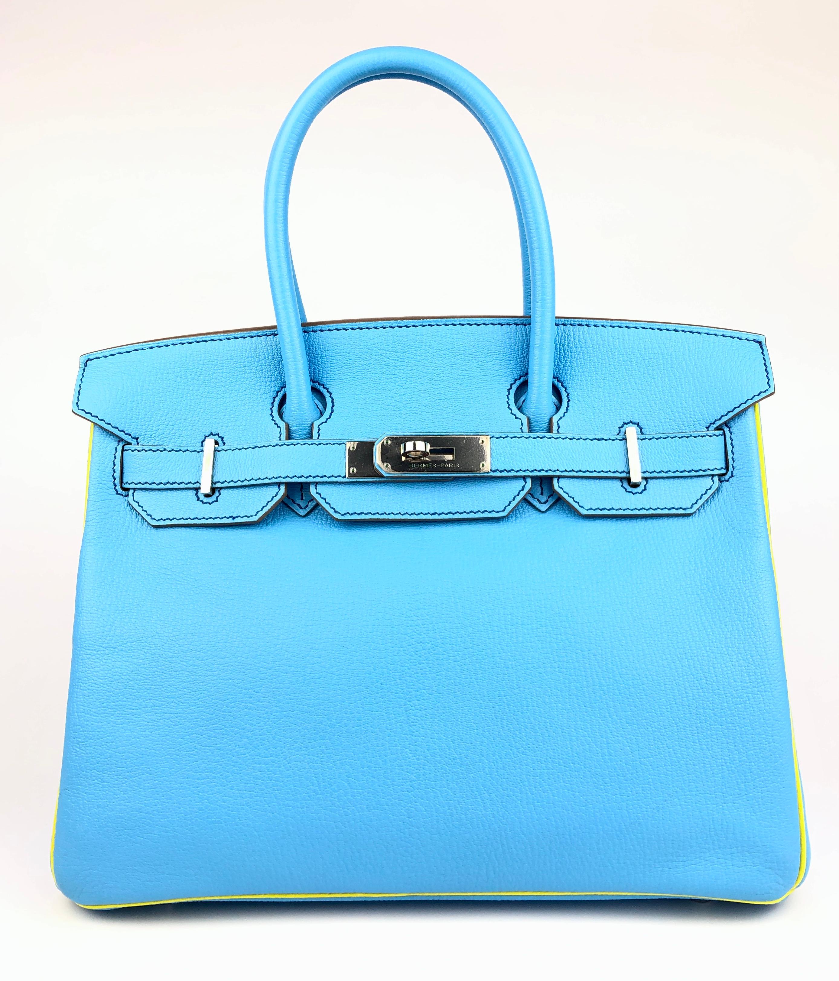 Stunning 1 of 1 Hermes Birkin 30 HSS Special Order Blue Ciel & Lime  Chèvre Leather Complimented by Palladium Hardware. Excellent condition with plastic on hardware. 

Shop with Confidence from Lux Addicts. Authenticity Guaranteed! 