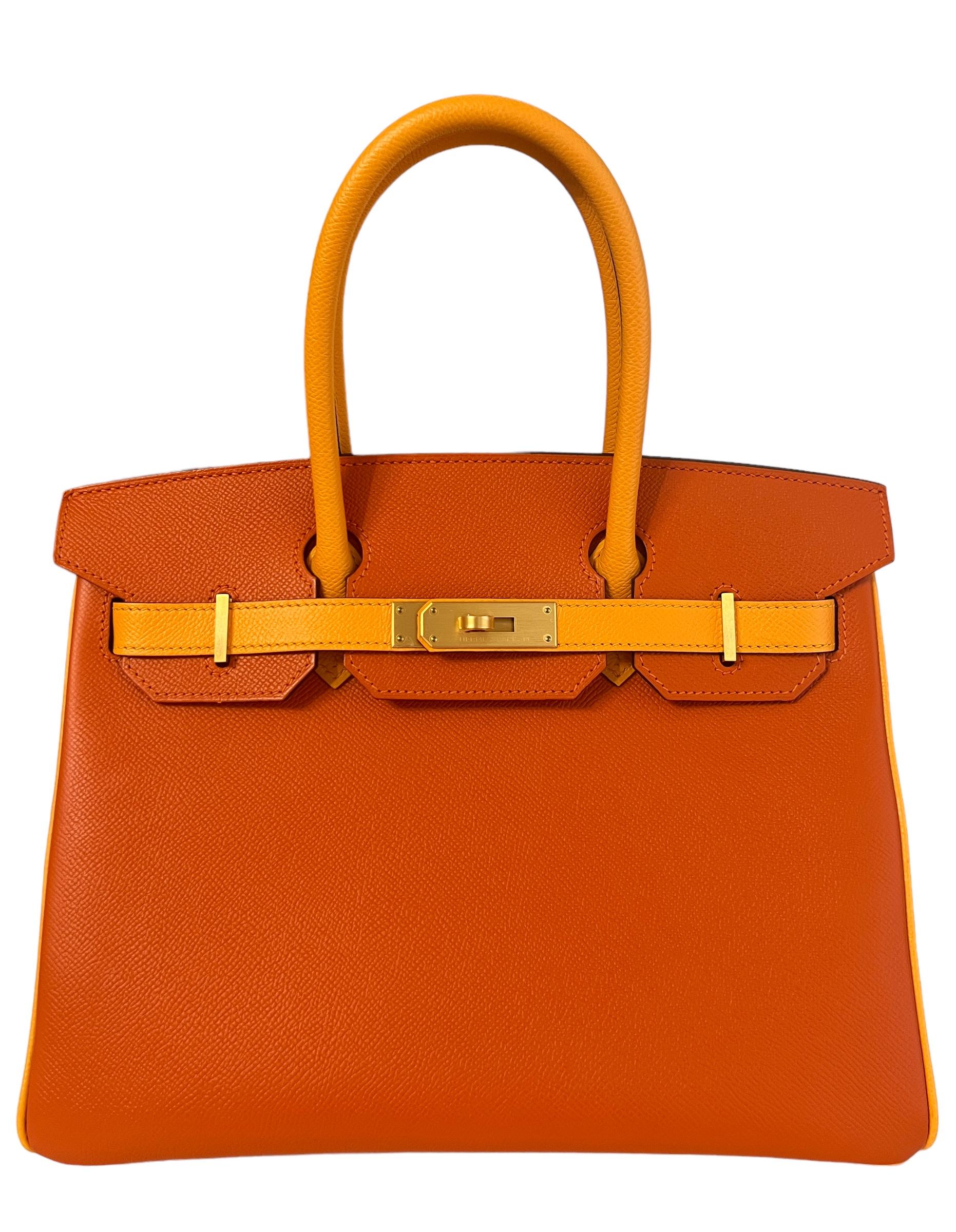 Stunning As New 1 of 1 HSS Special Order Hermes Birkin 30 Feu Orange Jaune D'or Yellow Epsom Leather complimented by Brushed Gold Hardware. As new with Plastic on all Hardware and Feet. From Collectors closet. D Stamp 2019.

Shop with confidence