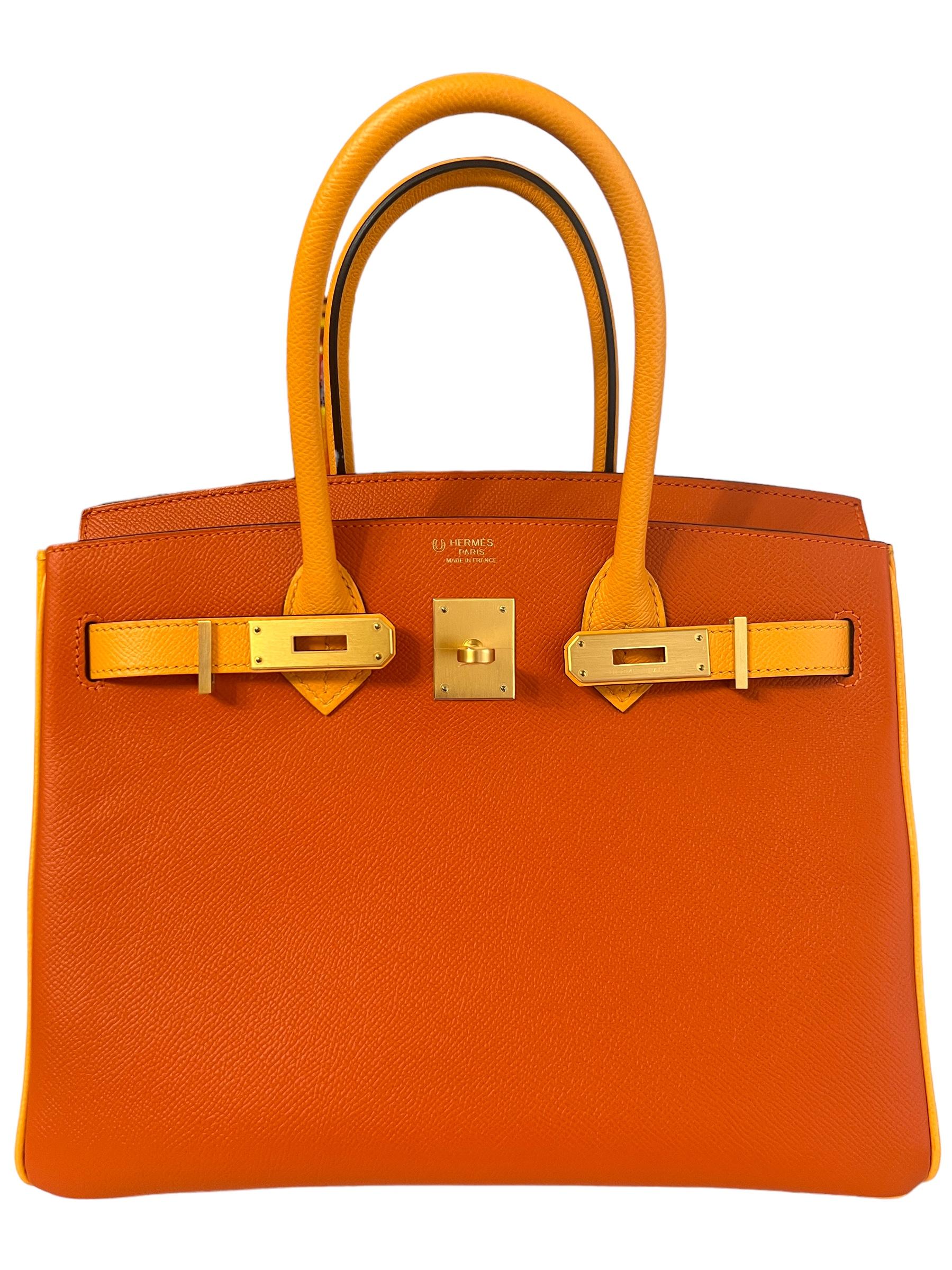 Hermes Birkin 30 Special Order Epsom Feu Orange Jaune D'or Yellow Brushed Gold In New Condition In Miami, FL