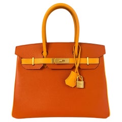 Hermes Birkin 30 Sonderbestellung Epsom Feu Orange Jaune D'or Gelb Gebürstetes Gold