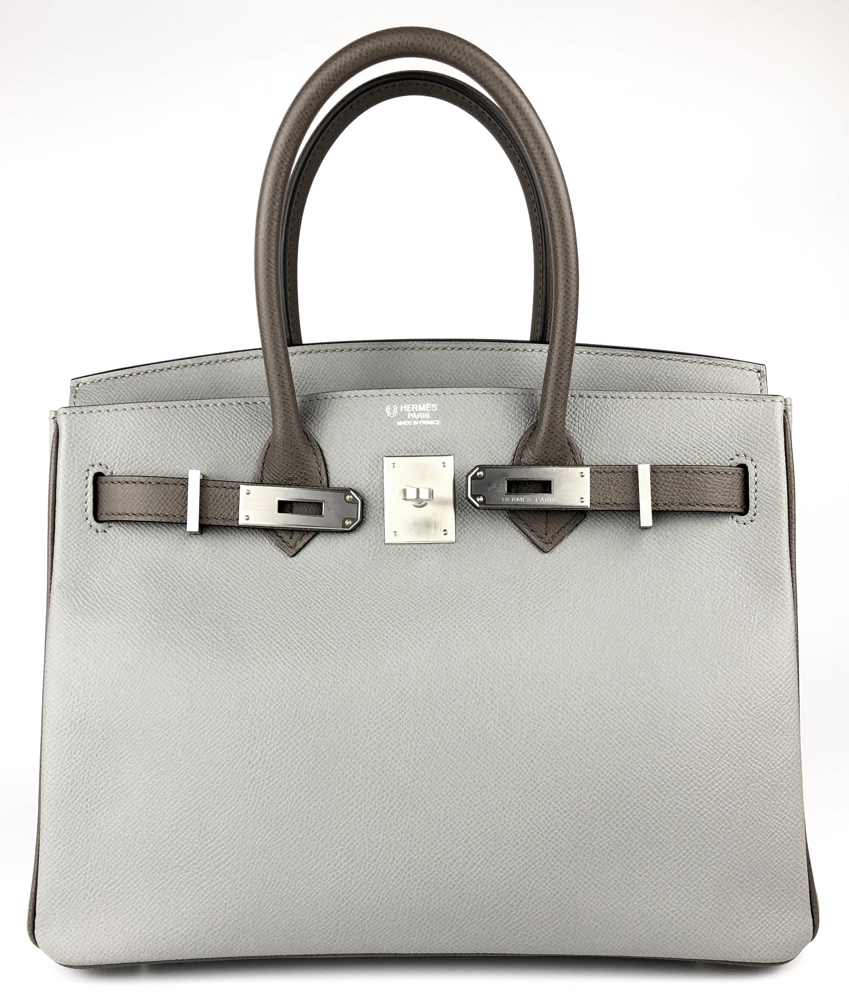 Stunning Pristine 1 of 1 HSS Special Order Hermes Birkin 30 Gris Mouette & Etain Gray Complimented by Brushed Palladium Hardware. From a collectors Closet, Only Worn 2 Times. Plastic on all Hardware and Feet. 

Shop with confidence from Lux Addicts.