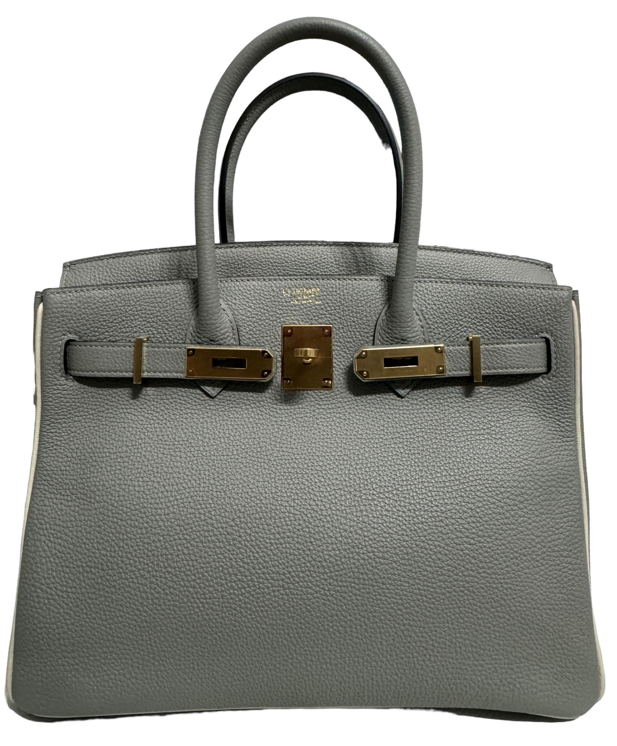 RARE and Absolutely Stunning Most Coveted Special Order Hermes Birkin 30 Gris Mouette Leather with Craie Pipping and Interior complimented by Gold Hardware. Pristine with Plastic on Hardware! 2017 A Stamp. Only worn a few times!!! 

Shop with