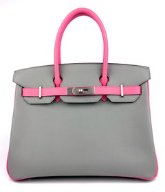 Hermes Birkin 30 Sonderanfertigung Gris Mouette Rose Azalee Epsom gebürstetes Palladium