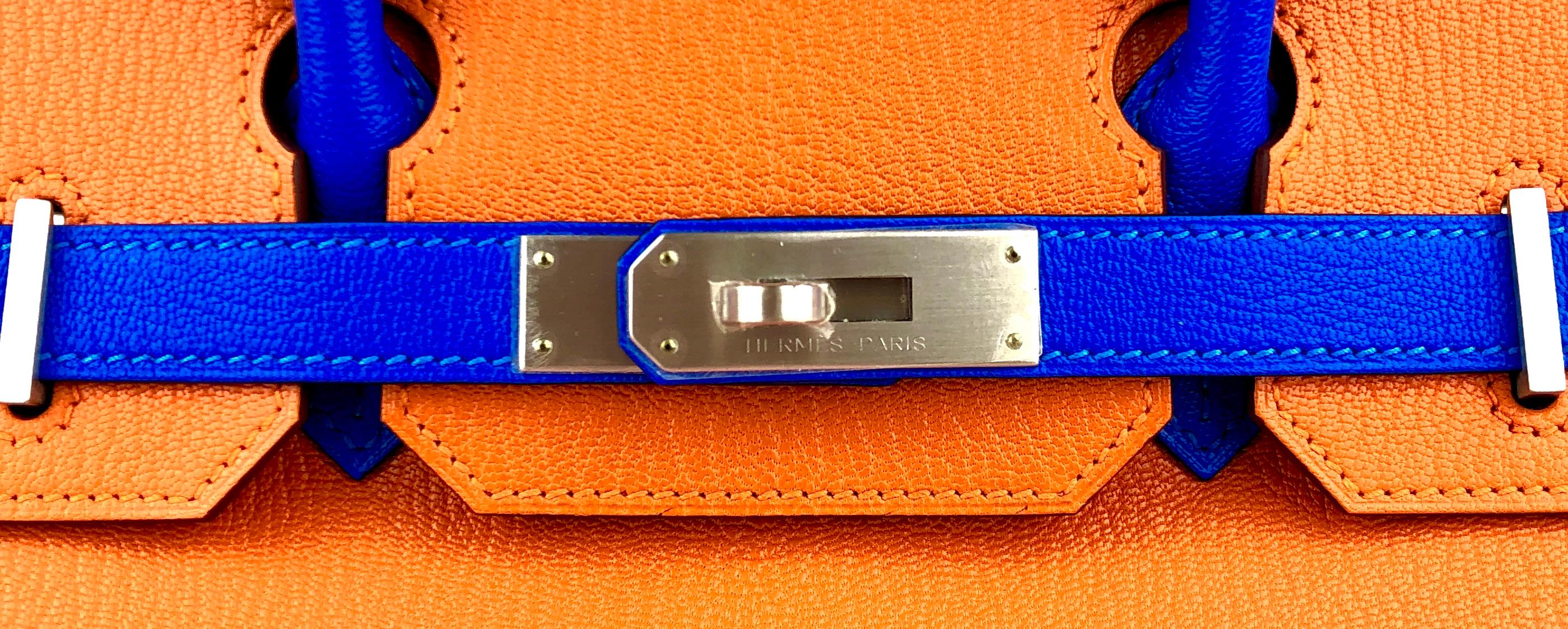 Women's or Men's Hermes Birkin 30 Special Order Orange Blue Hydra Chèvre Brushed Palladium Hwr