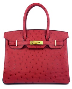 Hermes Birkin 30  Special Order Ostrich Rouge Vif Red Blue Sapphire Brushed Gold