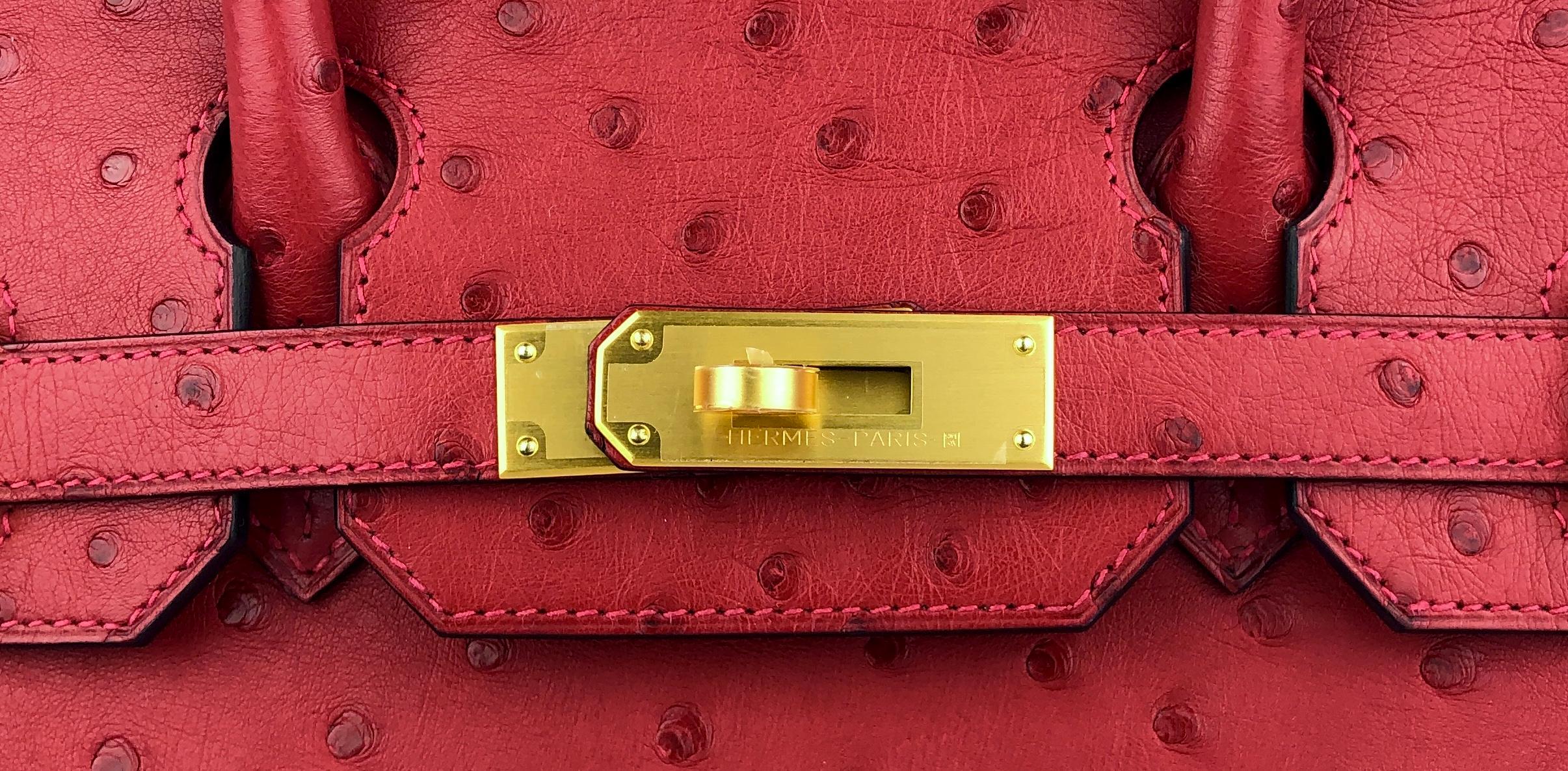 Hermes Birkin 30  Special Order Ostrich Rouge Vif Red Blue Sapphire Brushed Gold In New Condition In Miami, FL