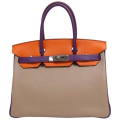Hermes Birkin 30 Special Order Purple Gray Orange Top Handle Satchel Tote Bag