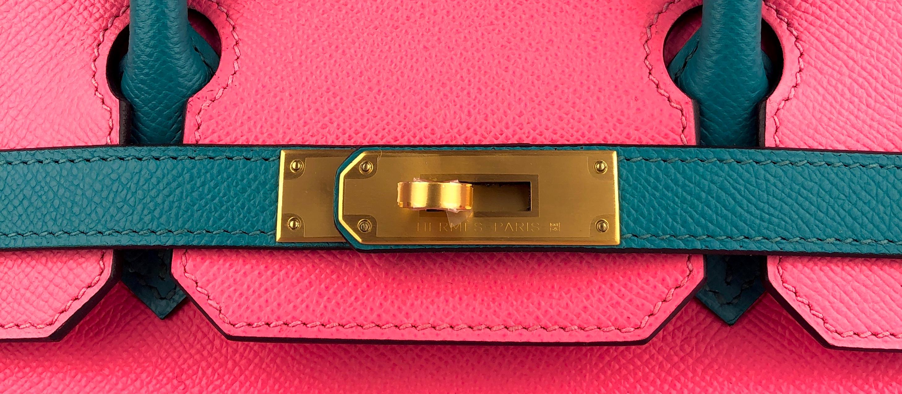 Hermes Birkin 30 Special Order Rose Azalee Pink Blue Paon Brushed Gold Hardware In Excellent Condition In Miami, FL