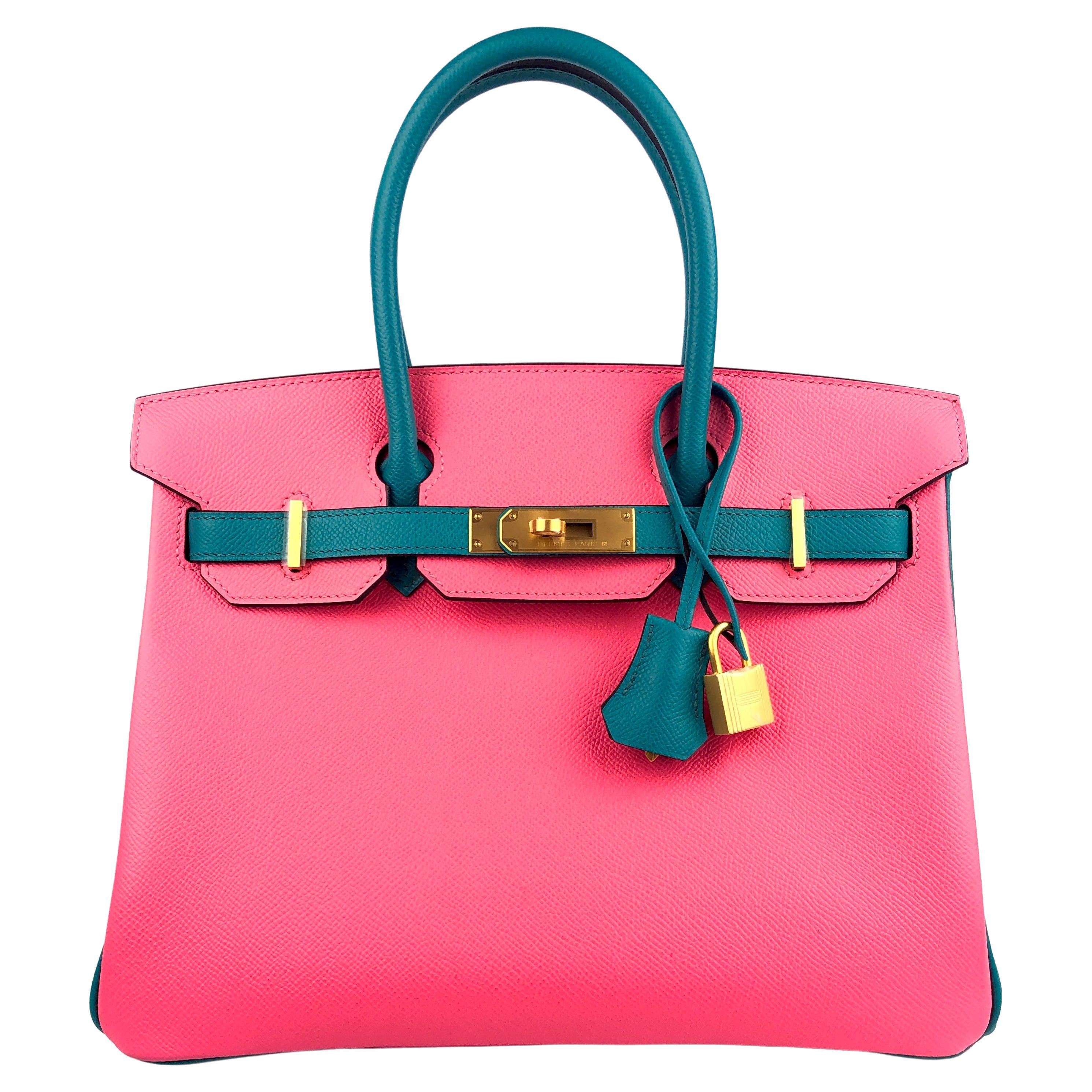 Hermes Birkin 30 Special Order Rose Azalee Pink Blue Paon Brushed Gold Hardware