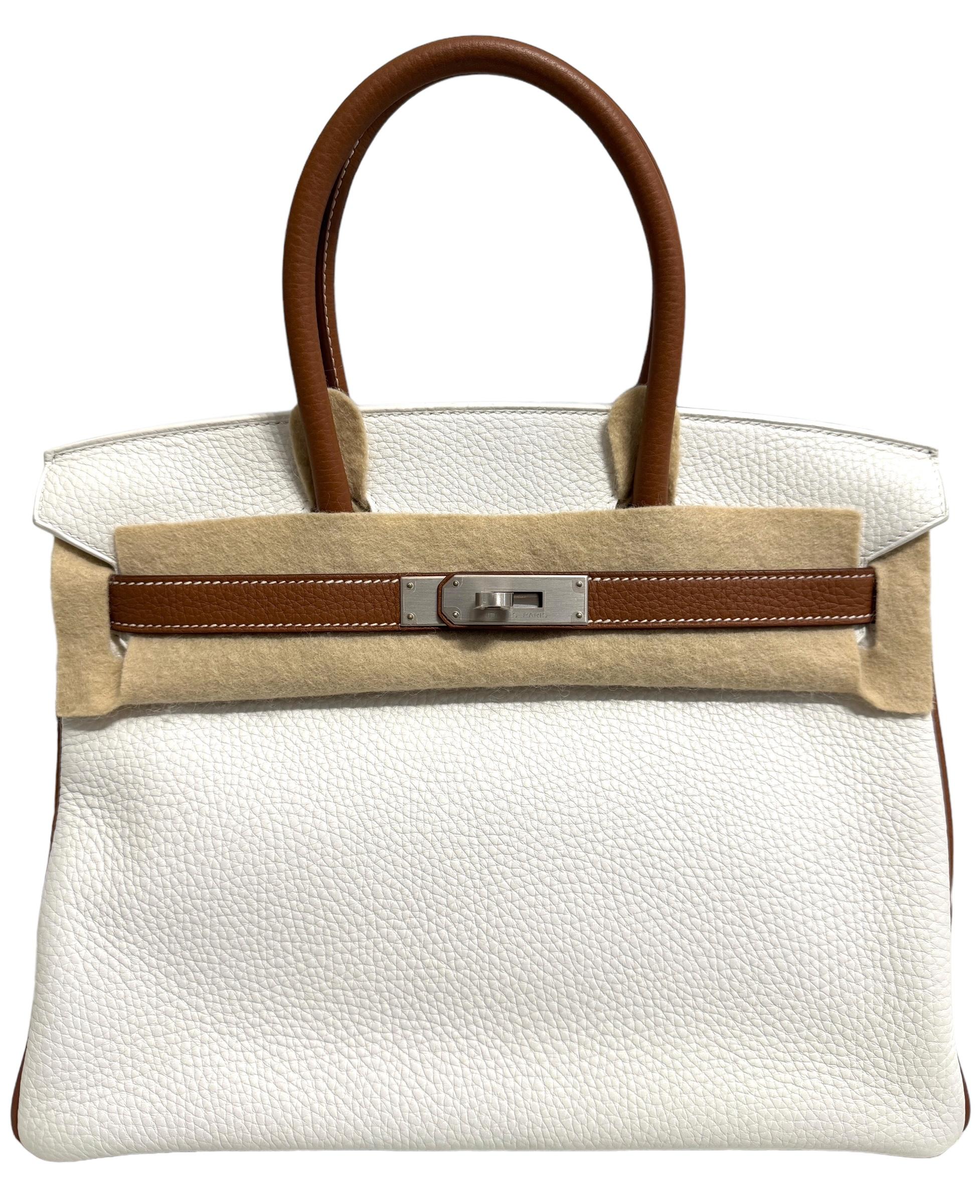 RARE and Absolutely Stunning Most Coveted Special Order Hermes Birkin 30 White & Gold Leather complimented by Brushed Palladium Hardware. As New with Plastic on Hardware! From Collectors Closet! 2018 C Stamp. 

Shop with Confidence from Lux Addicts.