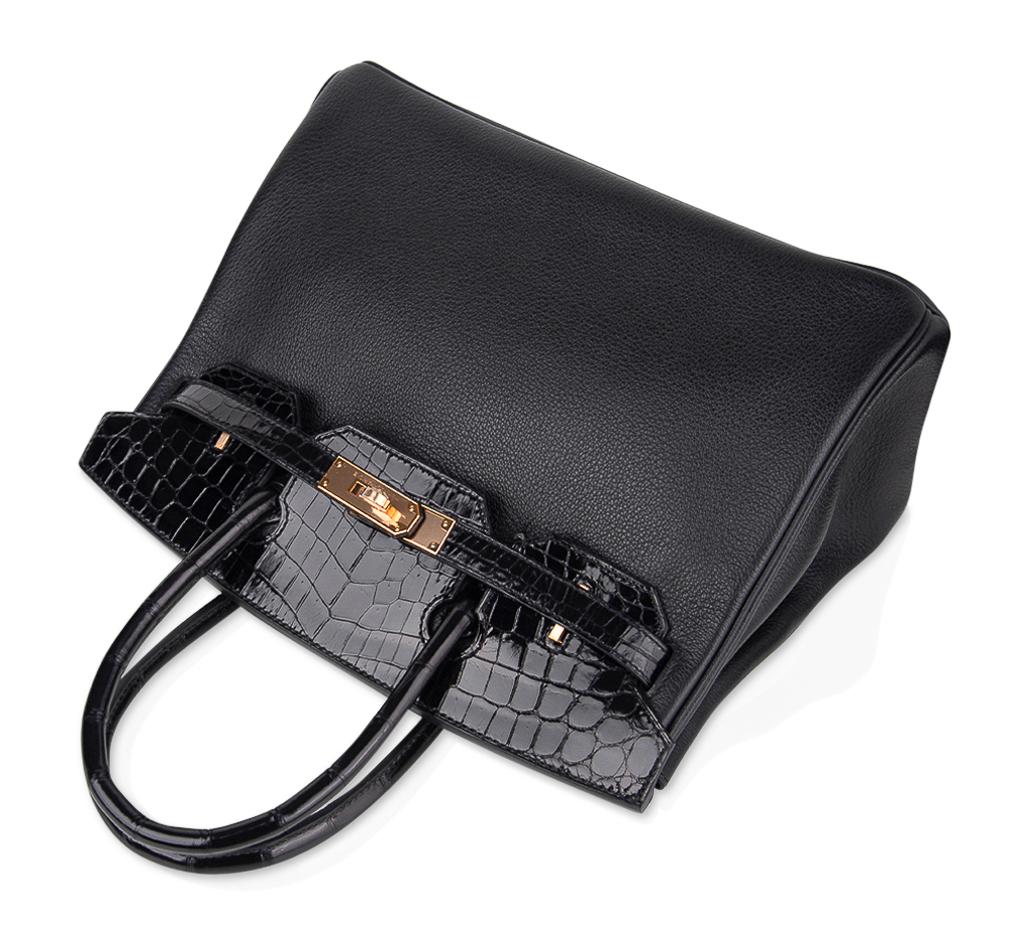 Women's Hermes Birkin 30 Touch Bag Black Crocodile / Black Leather Rose Gold Hardware
