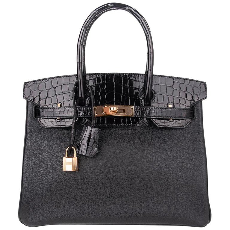 Hermes Birkin 30 Touch Bag Black Crocodile / Black Leather Rose Gold Hardware For Sale at 1stdibs