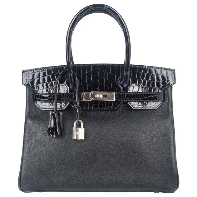 Hermes Birkin 30 Touch Bag Blue Marine Crocodile and Black Leather Palladium  For Sale