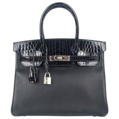 Hermes Birkin 30 Touch Bag Blue Marine Crocodile and Black Leather Palladium