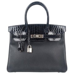 Hermes Birkin 30 Touch Bag Blue Marine Crocodile and Black Leather Palladium 