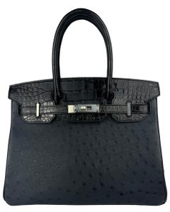 Hermes Birkin 30 Touch Blue Indigo Ostrich Black Crocodile Palladium Hardware