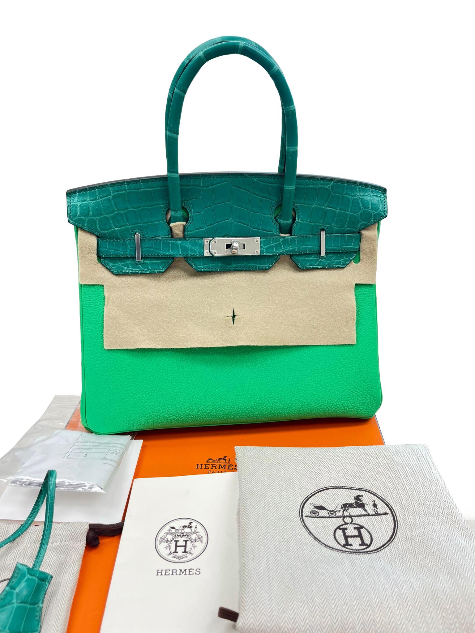 Donna Hermes Birkin 30 Touch Vert Jade Vert Comics Nilo Crocodile Togo Borsa Palladium in vendita