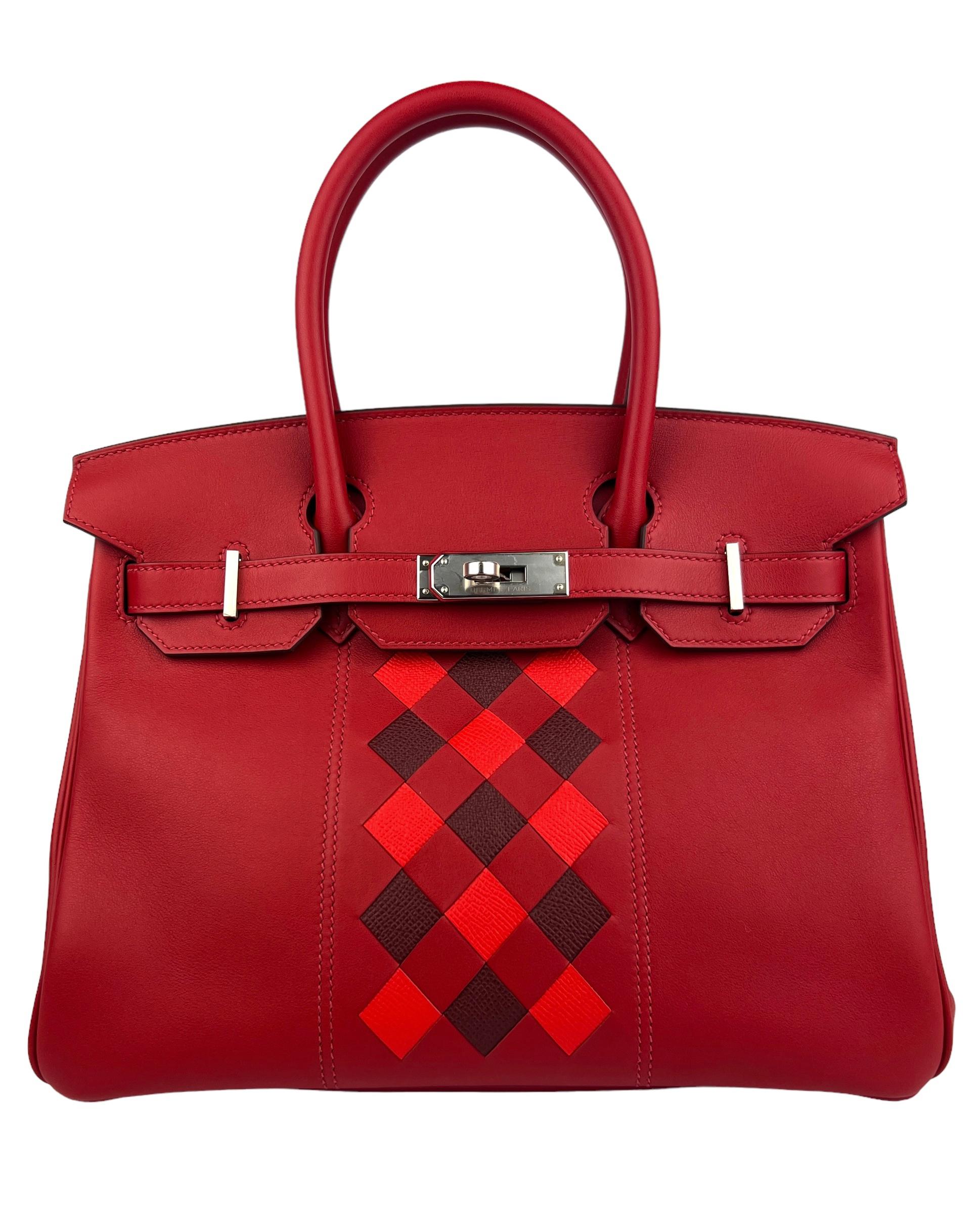 Like New Stunning Hermes Birkin Tressage Rouge de Coeur Rouge H Piment Red Swift and Epsom Leather Complimented by Palladium Hardware. D Stamp 2019. Like New Condition with Plastic on all hardware.

Shop with Confidence from Lux Addicts.