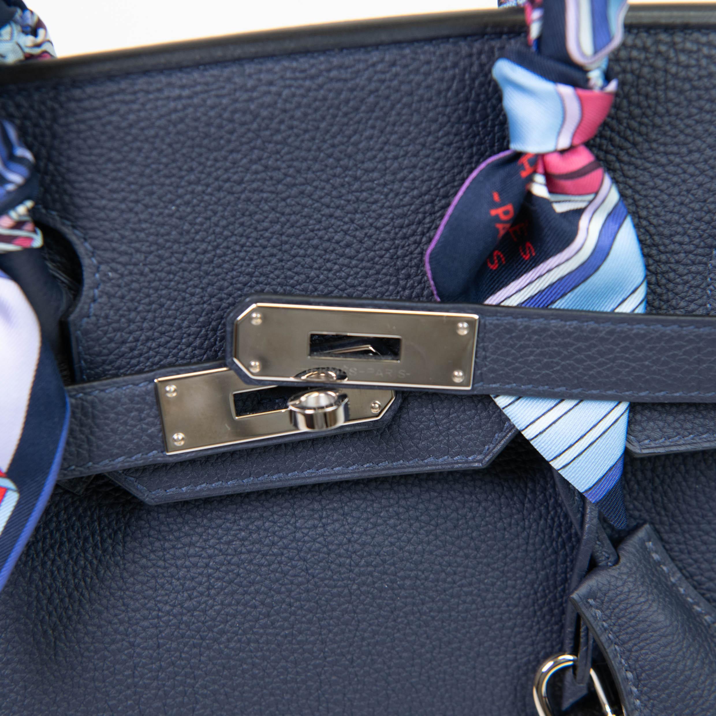 Hermès Birkin 30 Verso Blue Nuit and Orange Poppy Togo Palladium Hardware For Sale 6