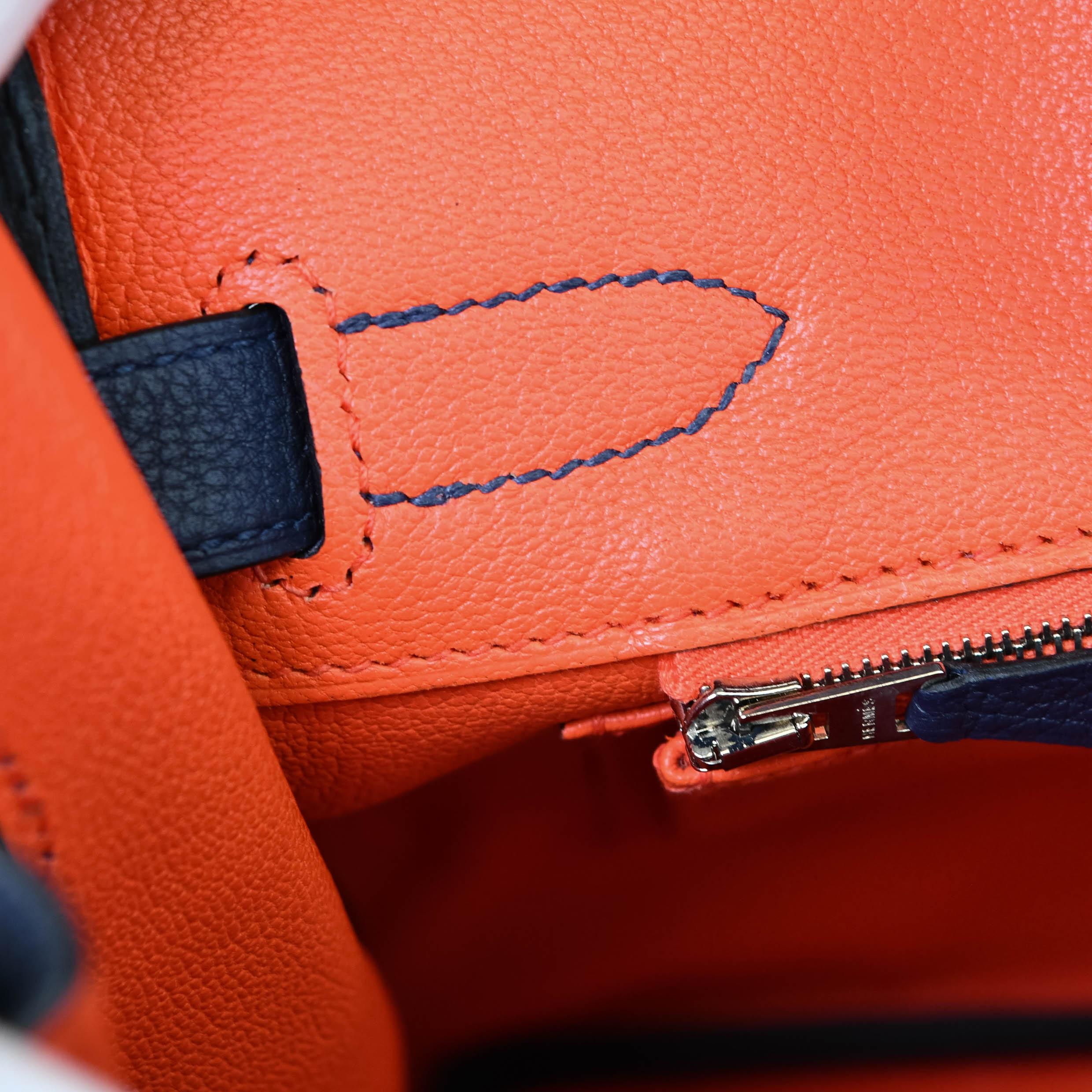 Hermès Birkin 30 Verso Blue Nuit and Orange Poppy Togo Palladium Hardware For Sale 11