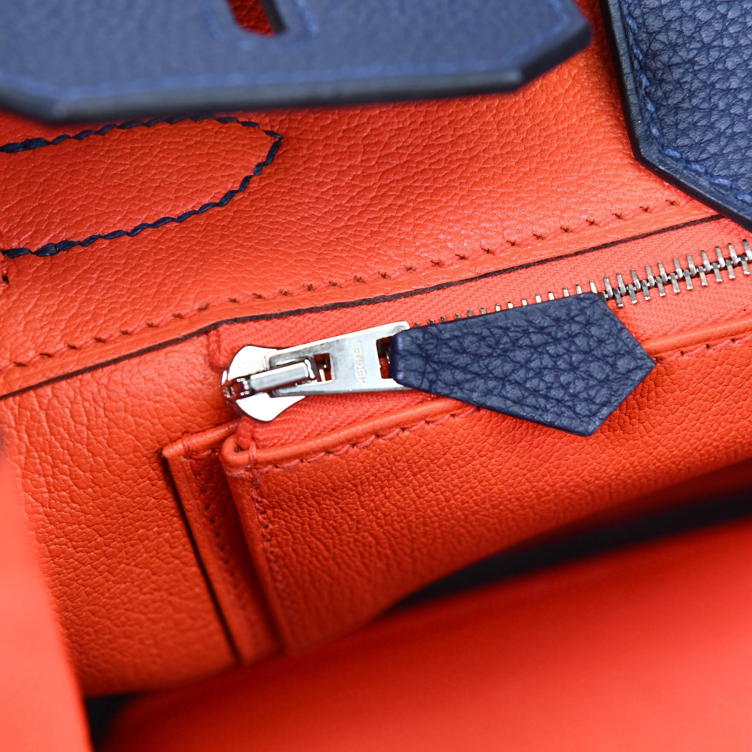 Hermès Birkin 30 Verso Blue Nuit and Orange Poppy Togo Palladium Hardware For Sale 12