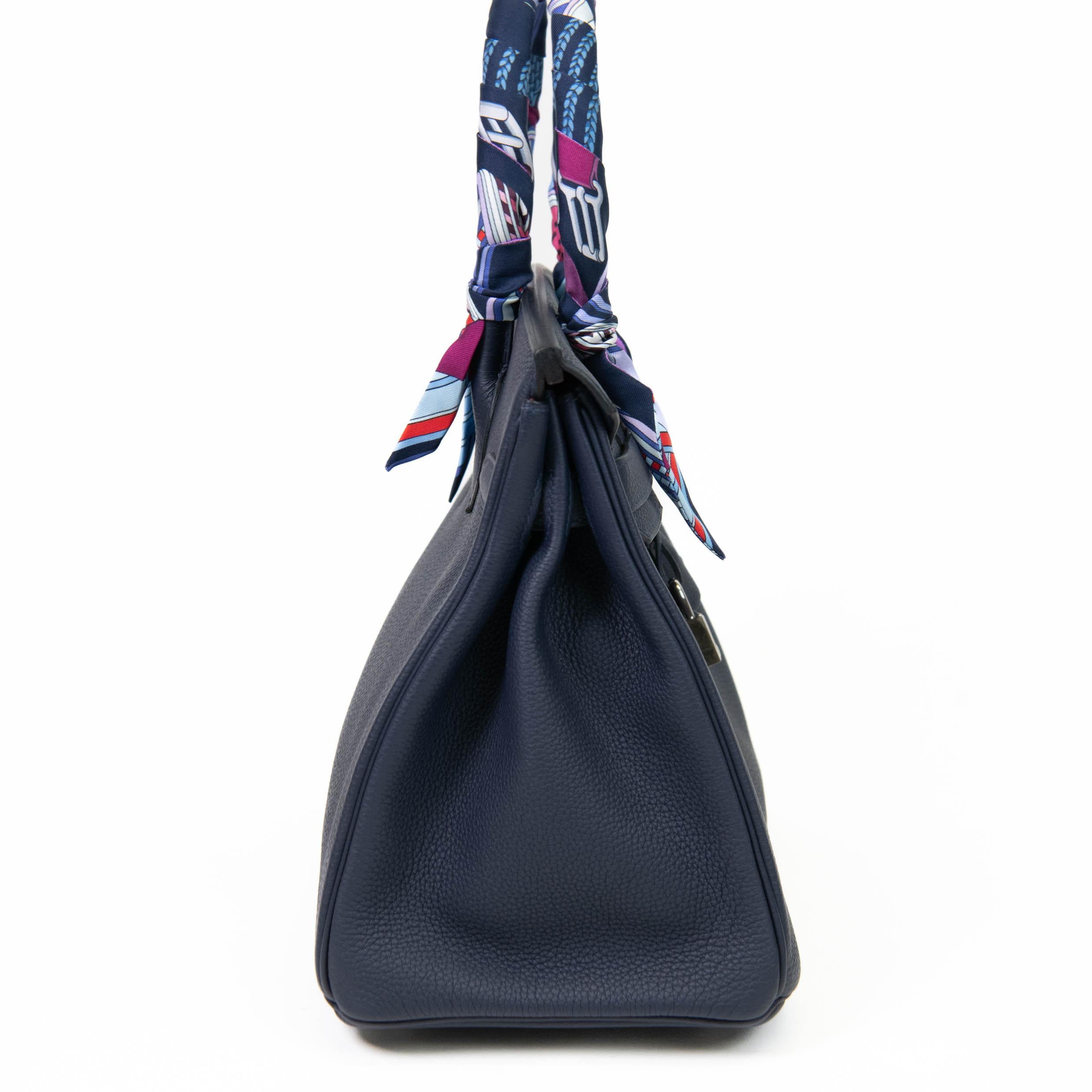 Women's or Men's Hermès Birkin 30 Verso Blue Nuit and Orange Poppy Togo Palladium Hardware For Sale