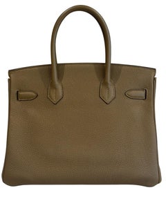 Sac à main Hermès Birkin 30 Verso, bronze doré et bleu Brume, en cuir Togo, avec poignée supérieure