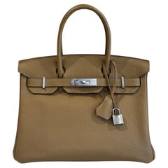 Sac à main Hermès Birkin 30 Verso, bronze doré et bleu Brume, en cuir Togo, avec poignée supérieure